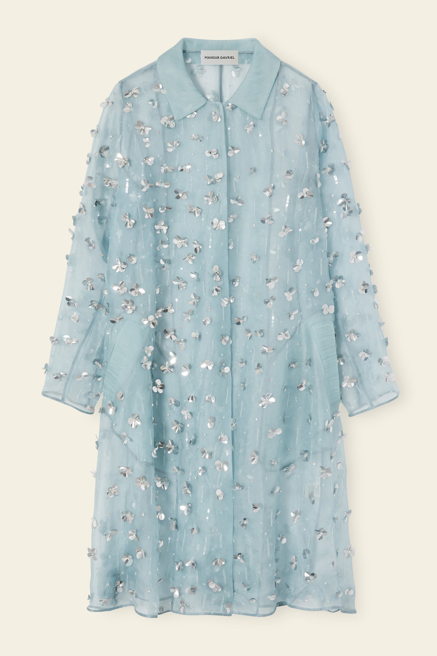 Floral Embellished Silk A-Line Trench - Sky Blue