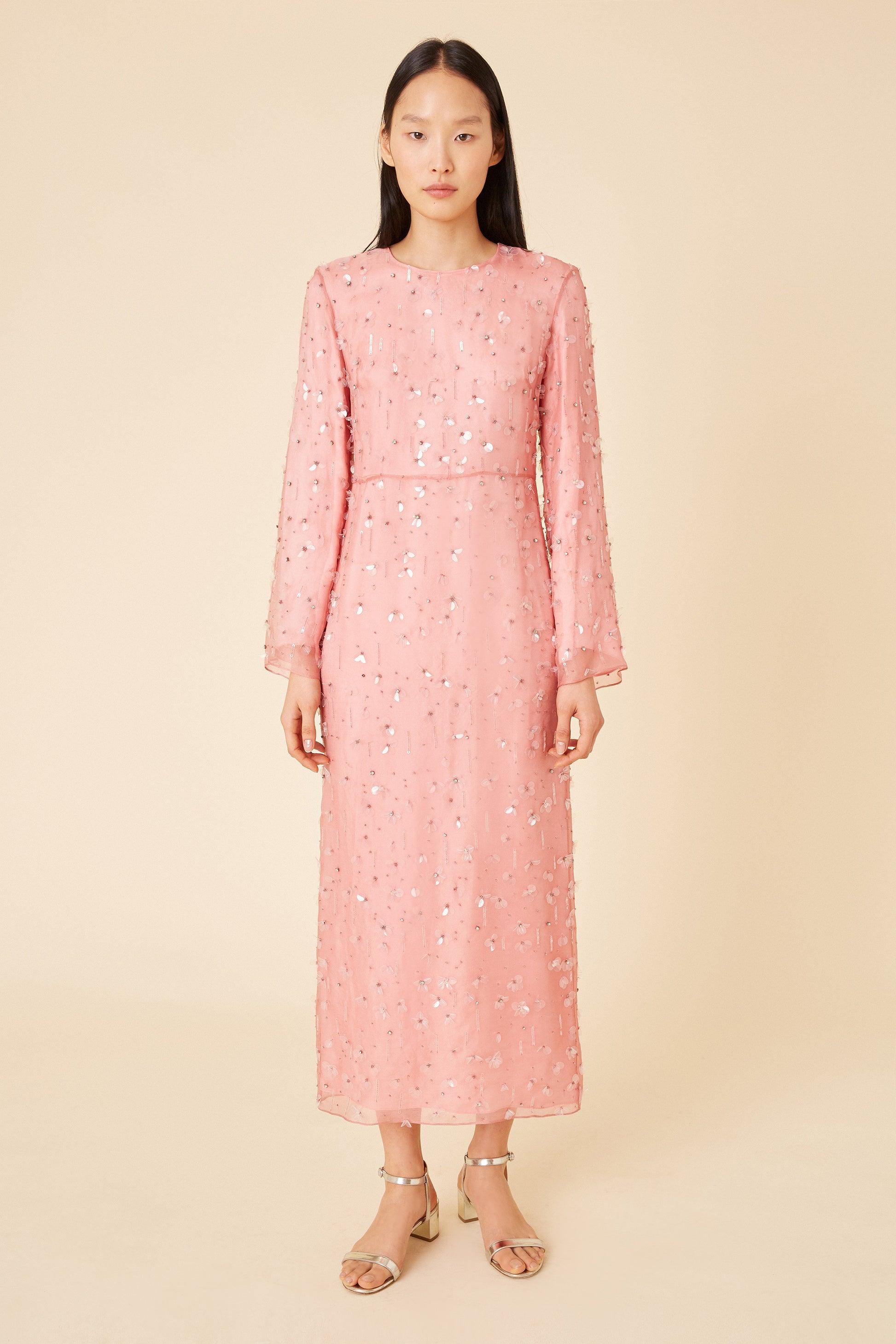 Italian floral embellished blush silk evening gown.