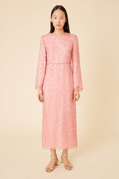 Italian floral embellished blush silk evening gown.