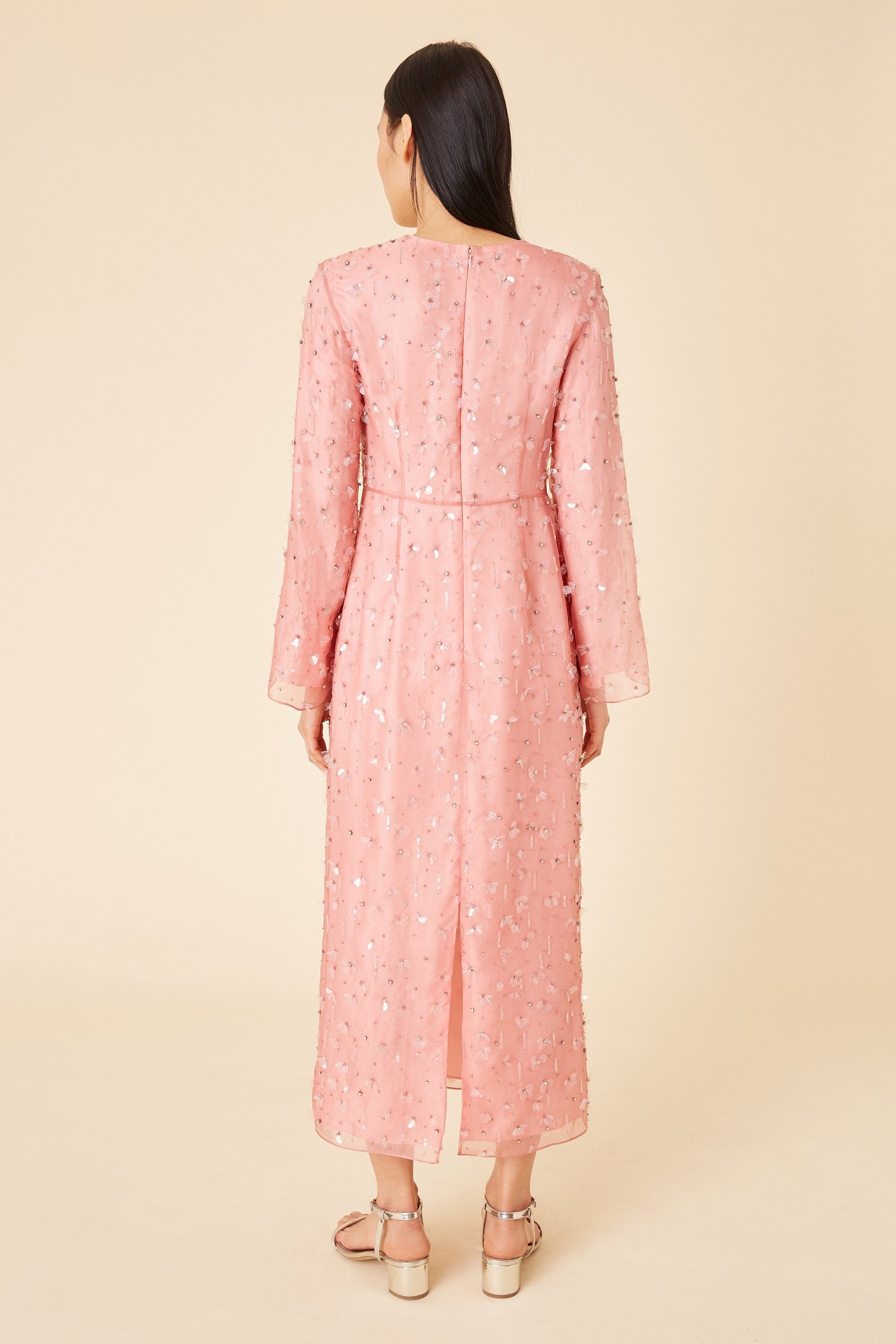 Floral Embellished Silk Evening Gown - Blush