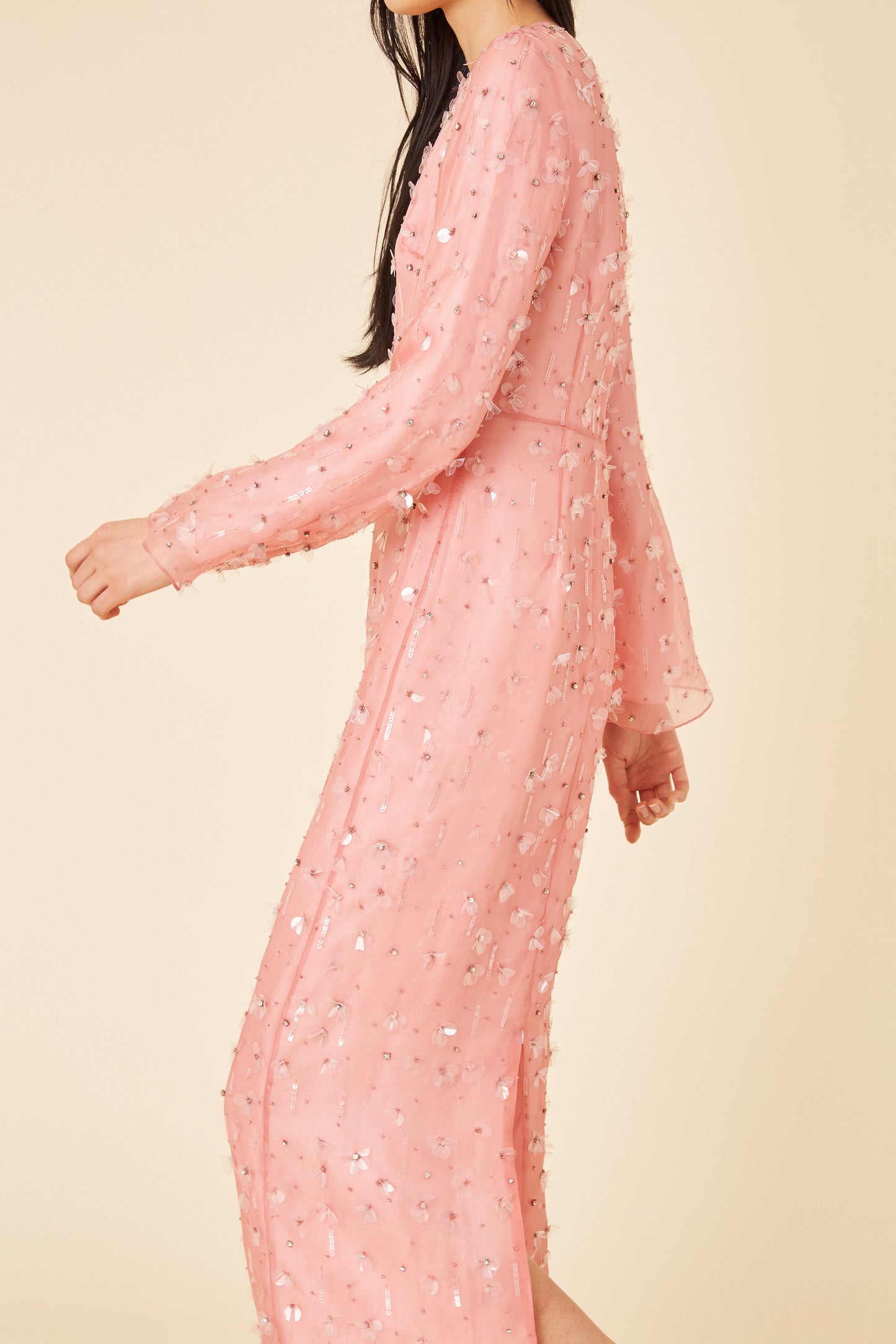 Floral Embellished Silk Evening Gown - Blush