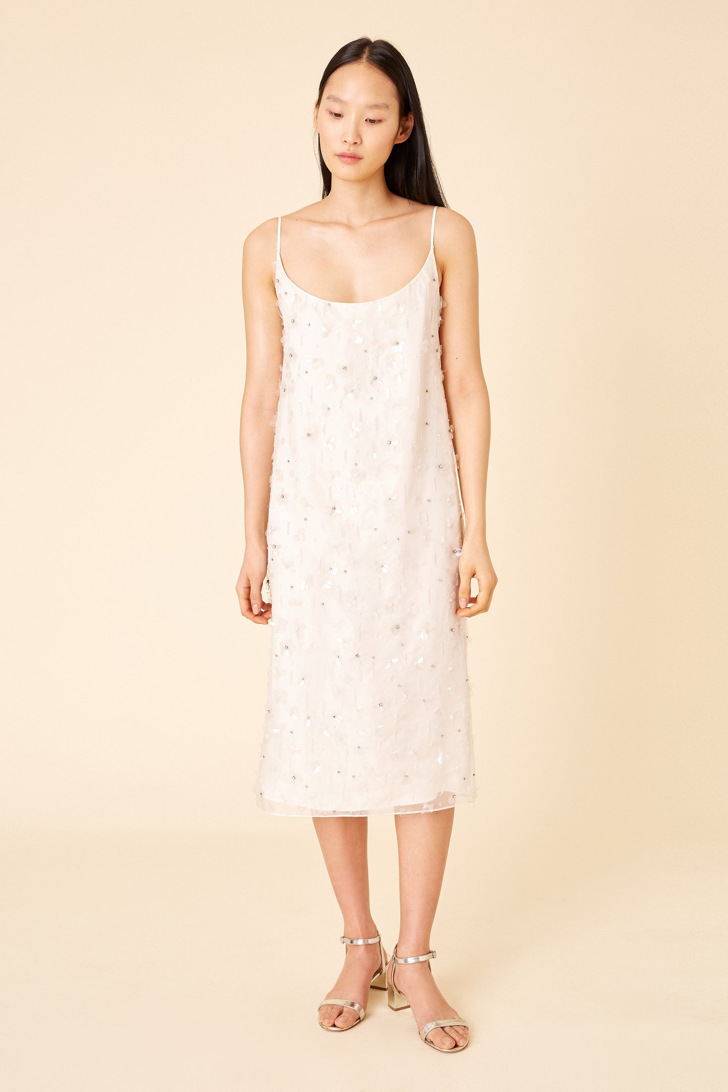 Floral Embellished Silk Slip Dress - Cream