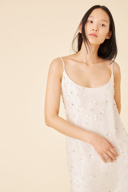 Italian floral embellished silk cream slip dress.