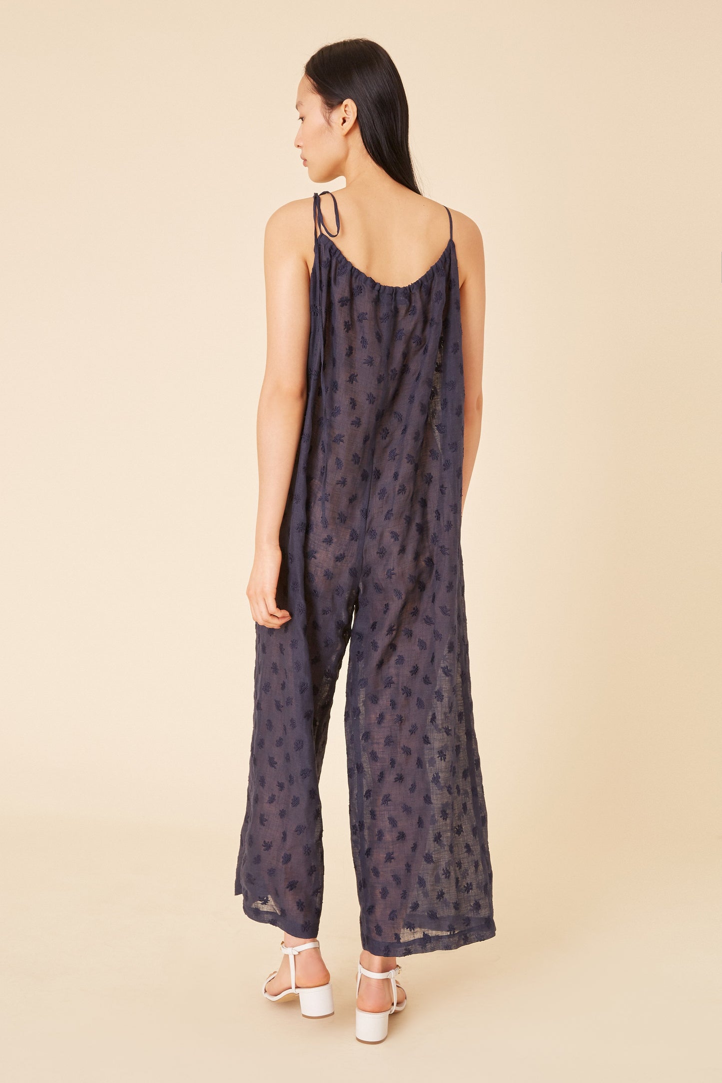 Floral Embroidered Linen Jumpsuit - Blu
