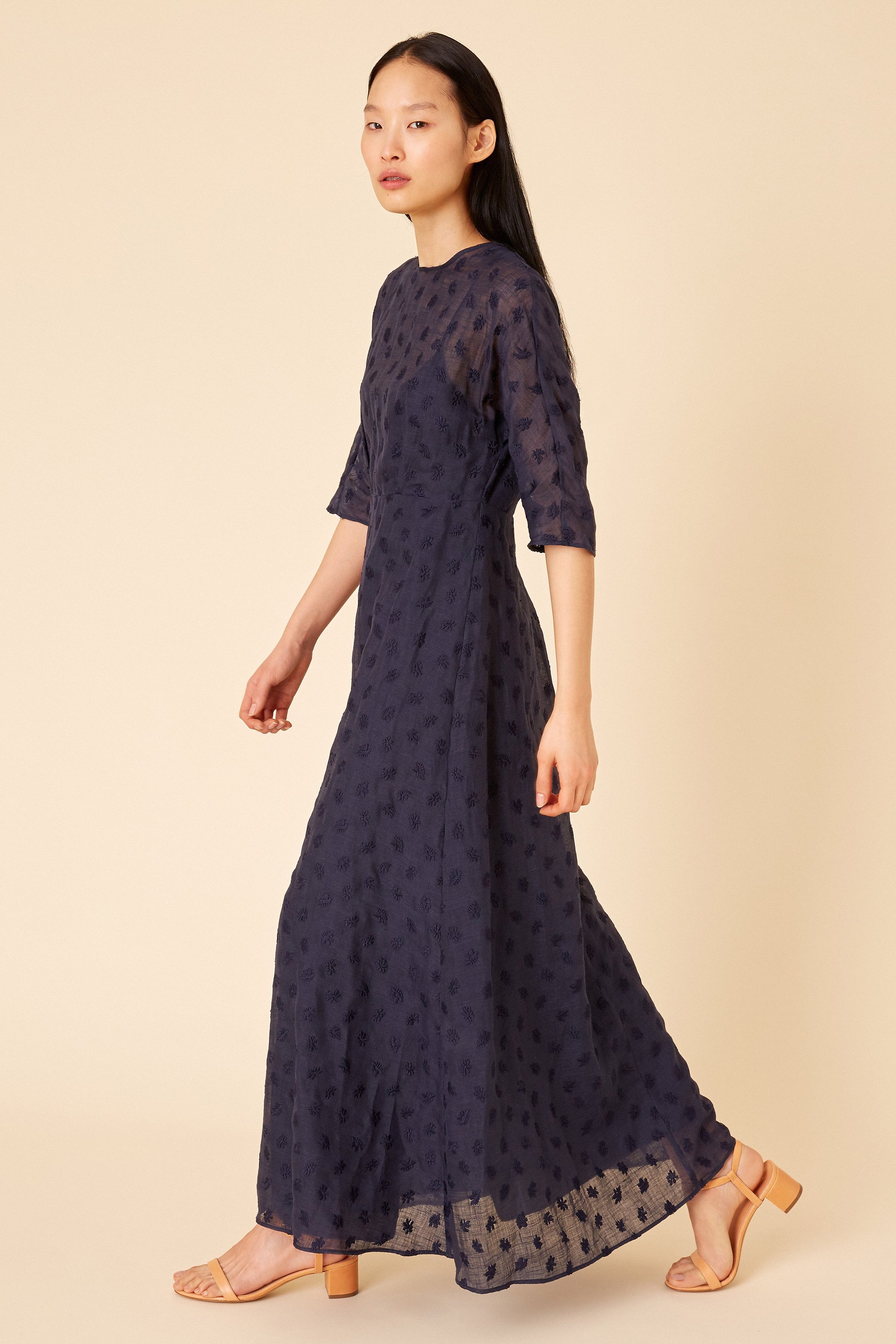 Floral embroidered linen navy fine dress.