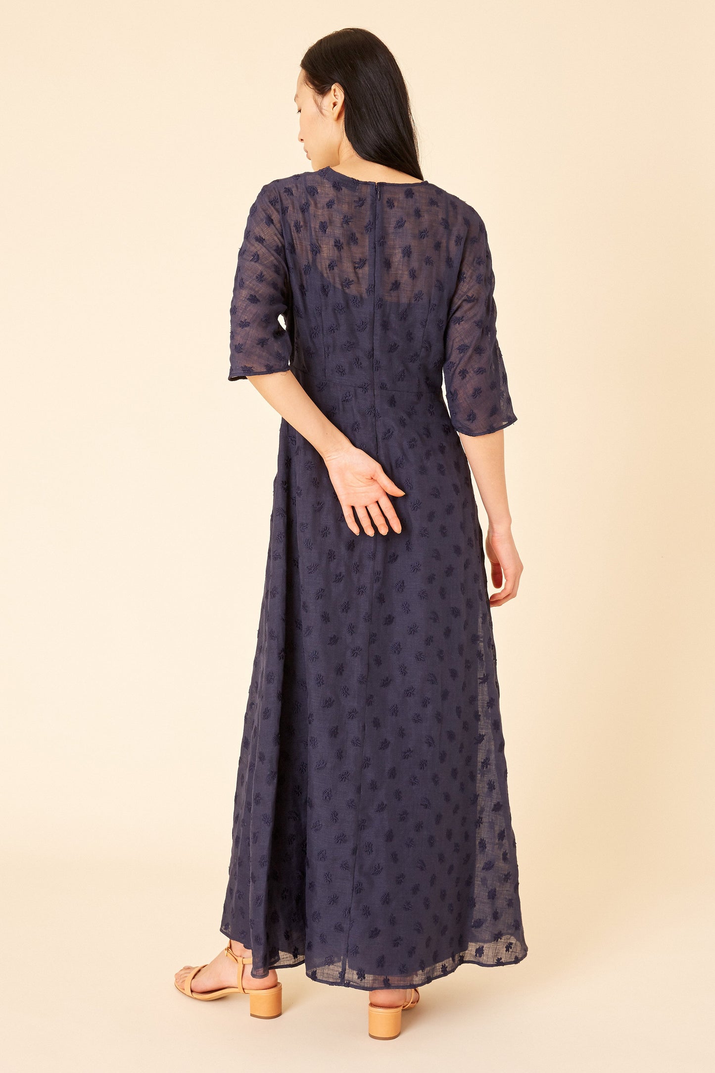 Floral Embroidered Linen Fine Dress - Blu