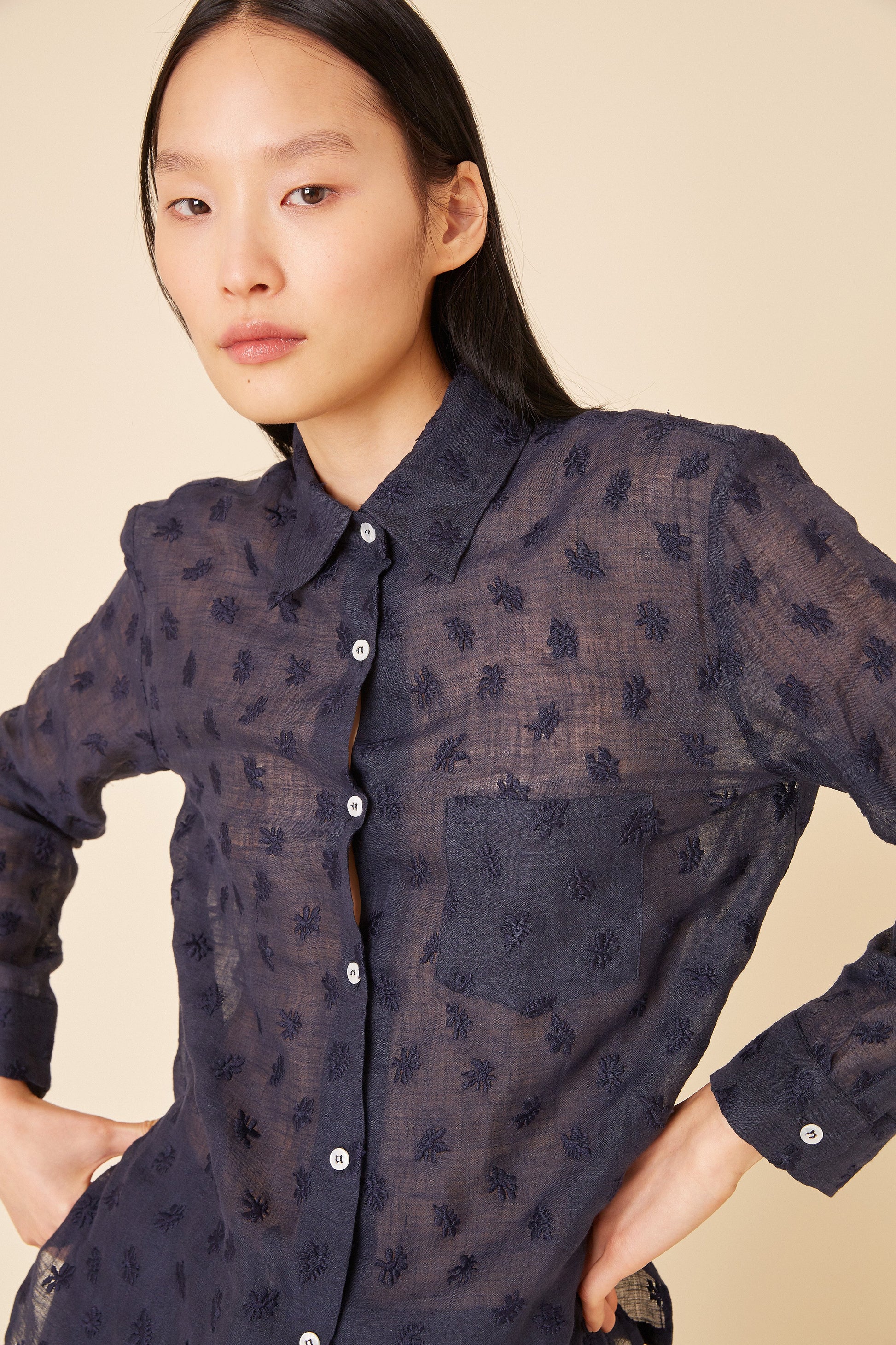 Italian floral embroidered linen navy long sleeve button down.