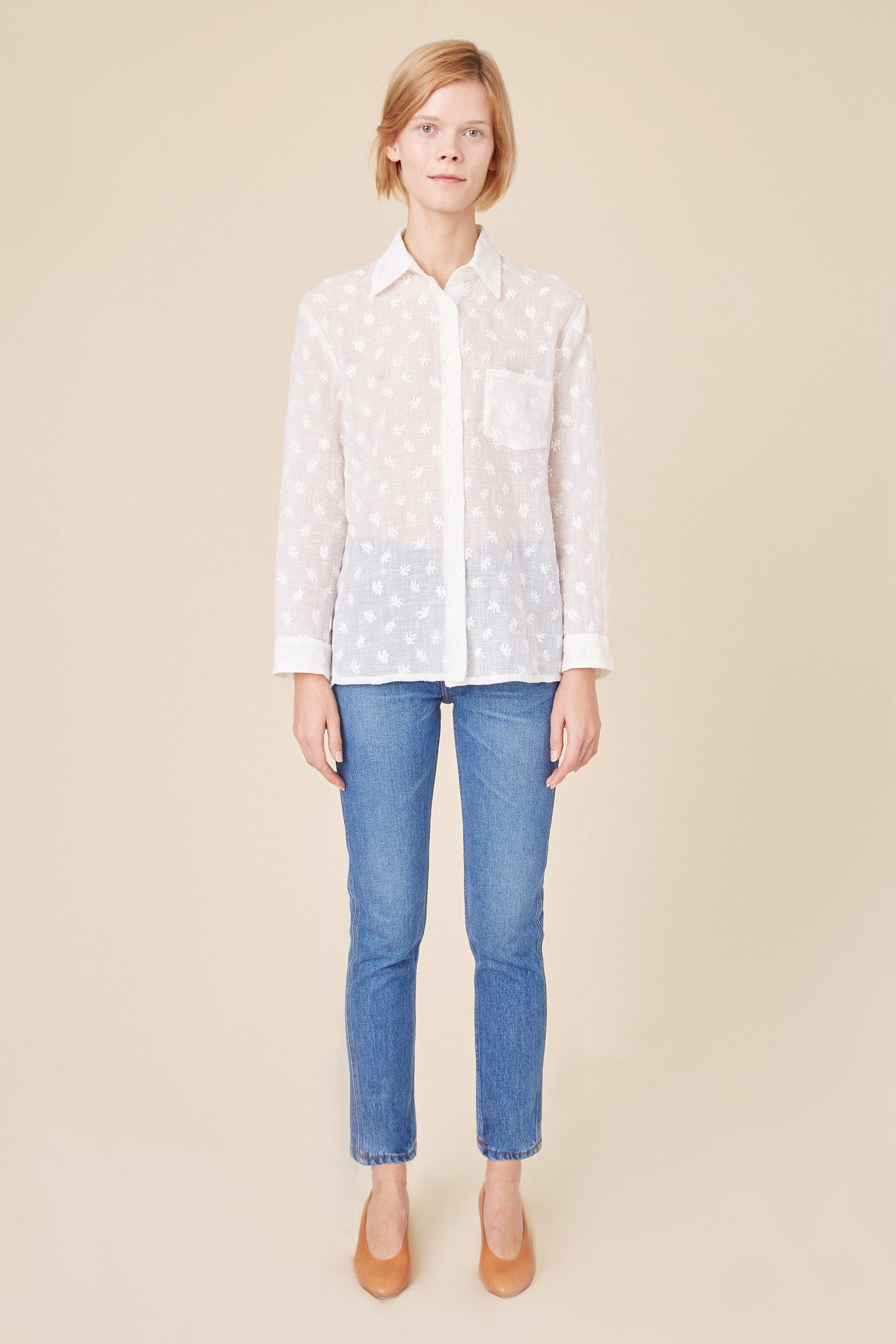 Floral Embroidered Linen Long Sleeve Button Down - White