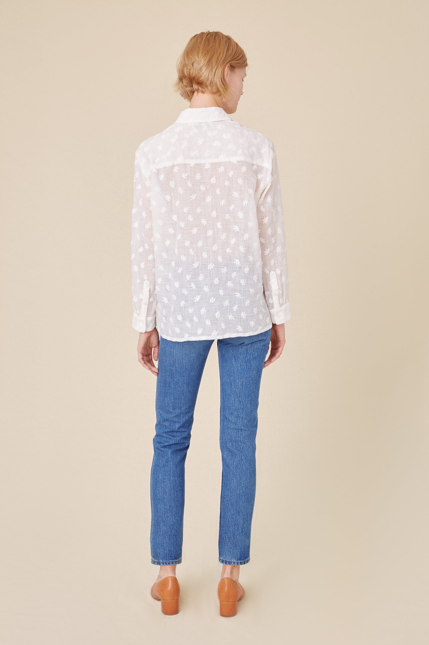 Floral Embroidered Linen Long Sleeve Button Down - White