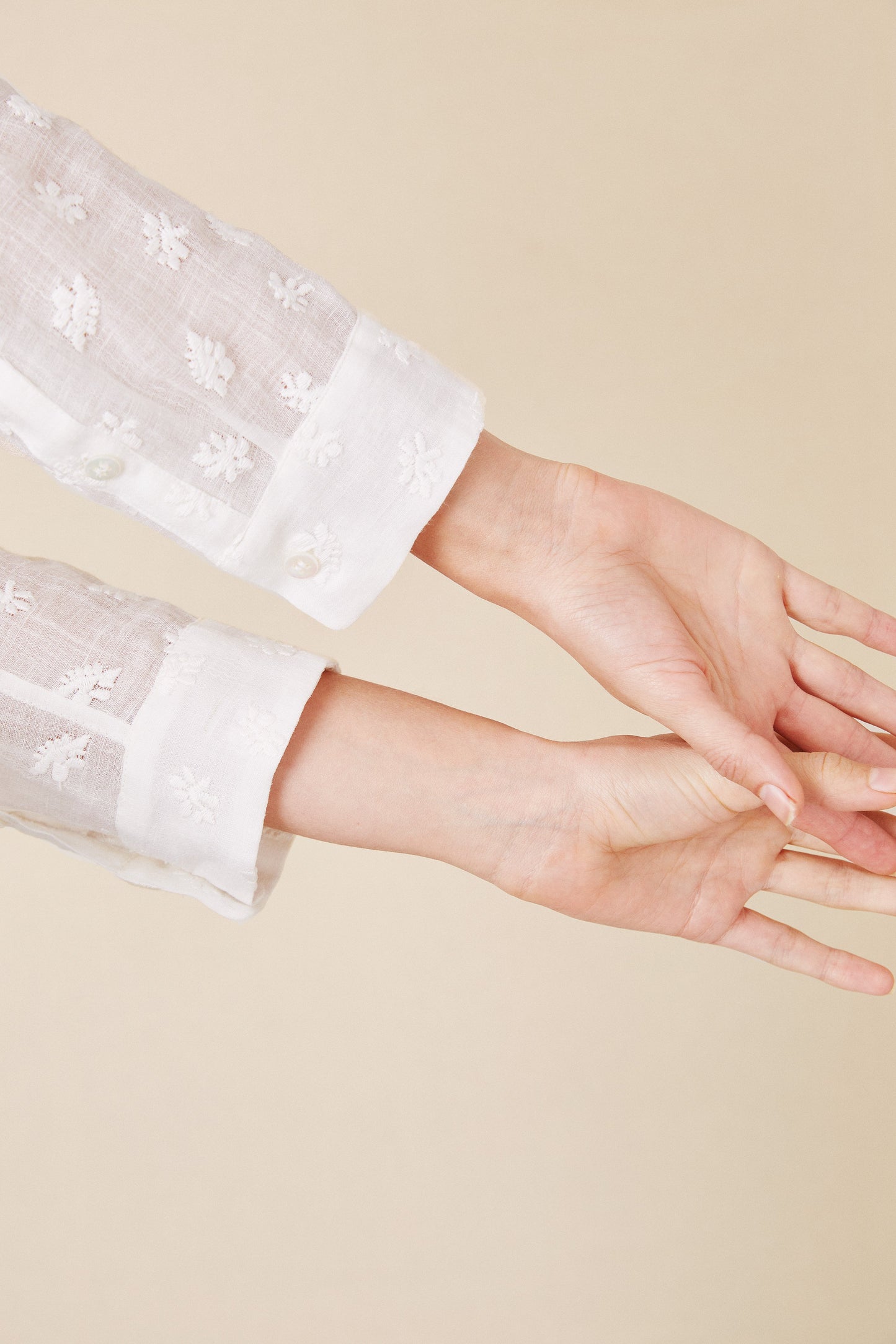 Floral Embroidered Linen Long Sleeve Button Down - White