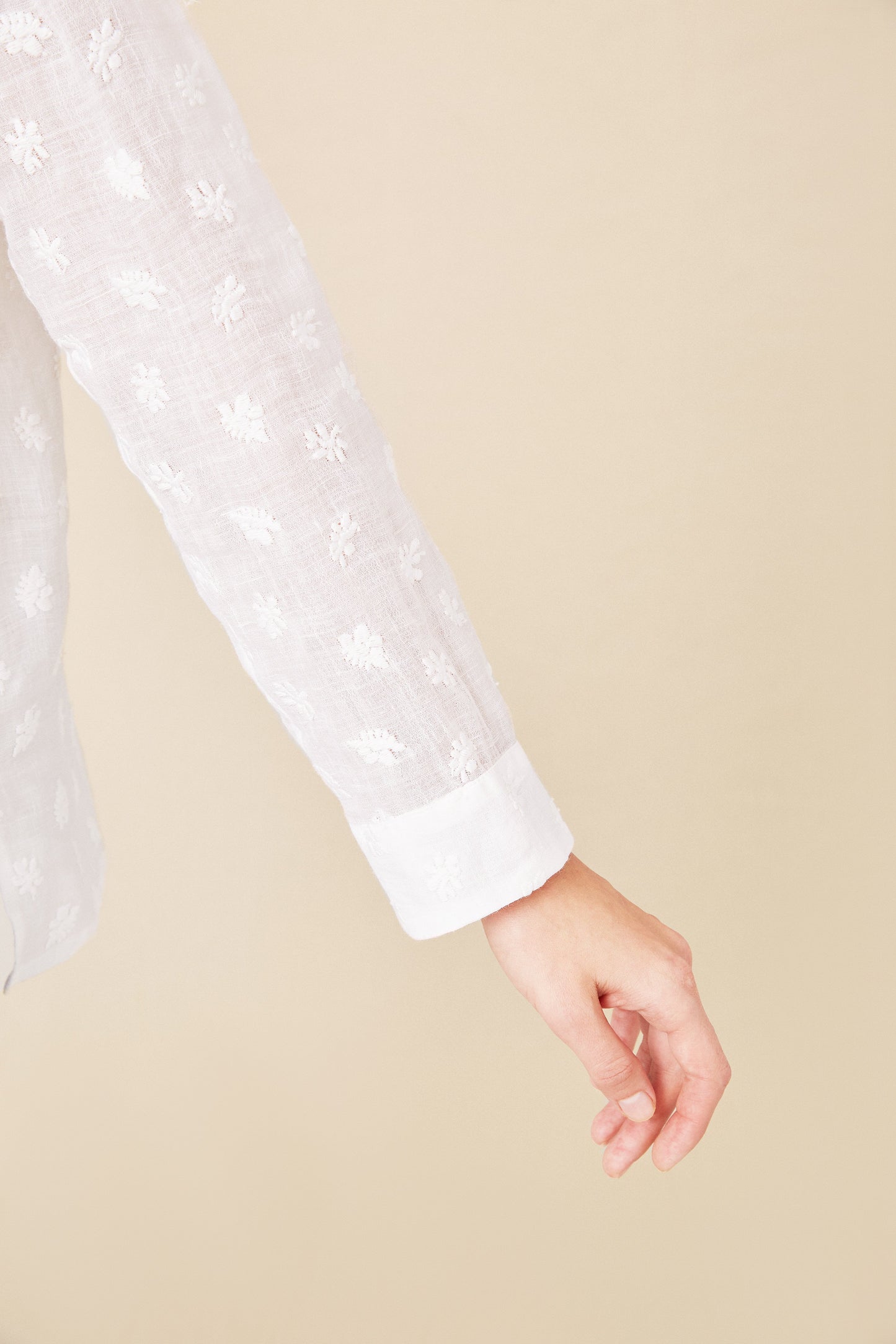 Floral Embroidered Linen Long Sleeve Button Down - White