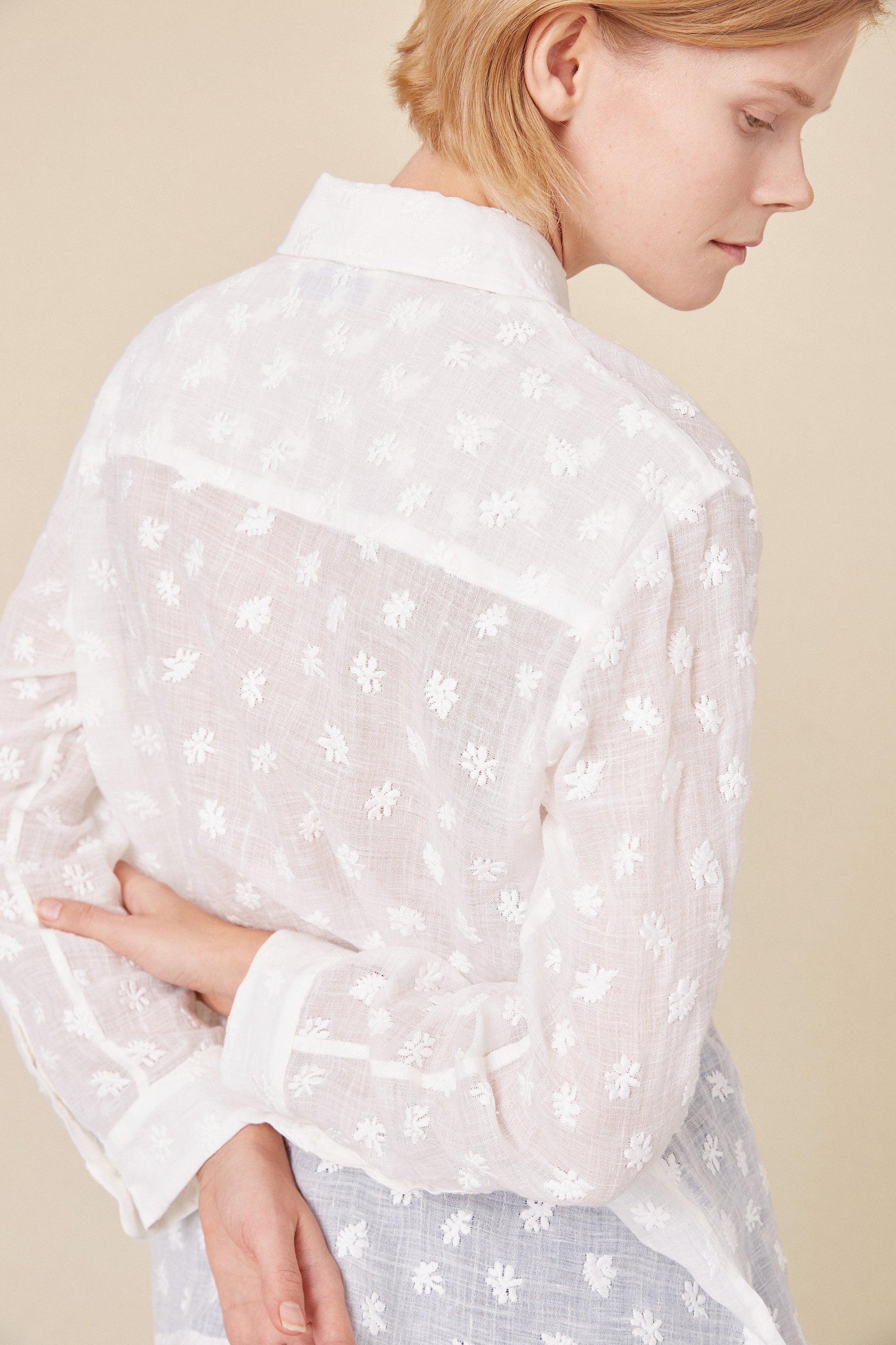 Italian floral embroidered white linen long sleeve button down.