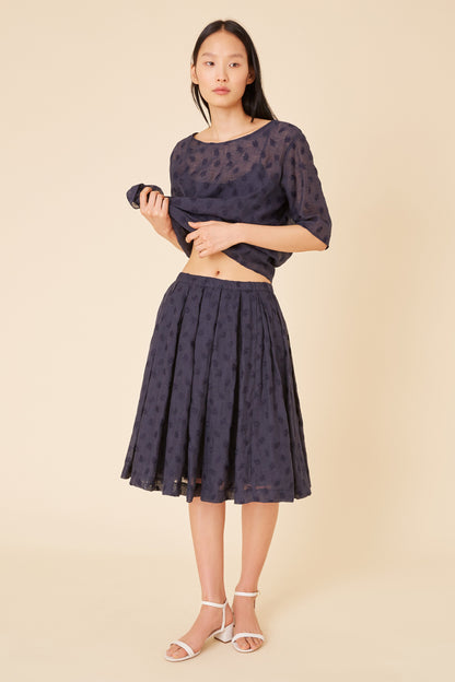 Italian floral embroidered navy linen pleated skirt.