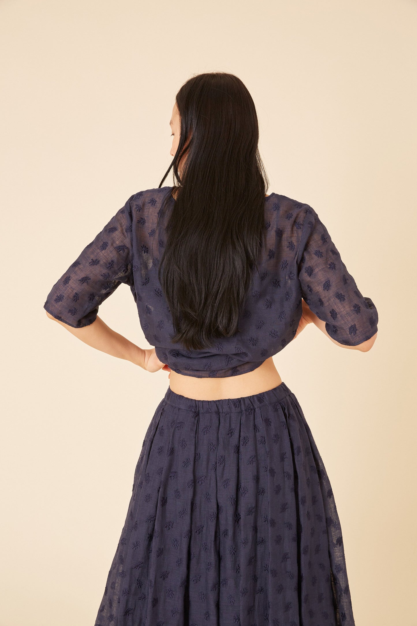 Floral Embroidered Linen Pleated Skirt - Blu