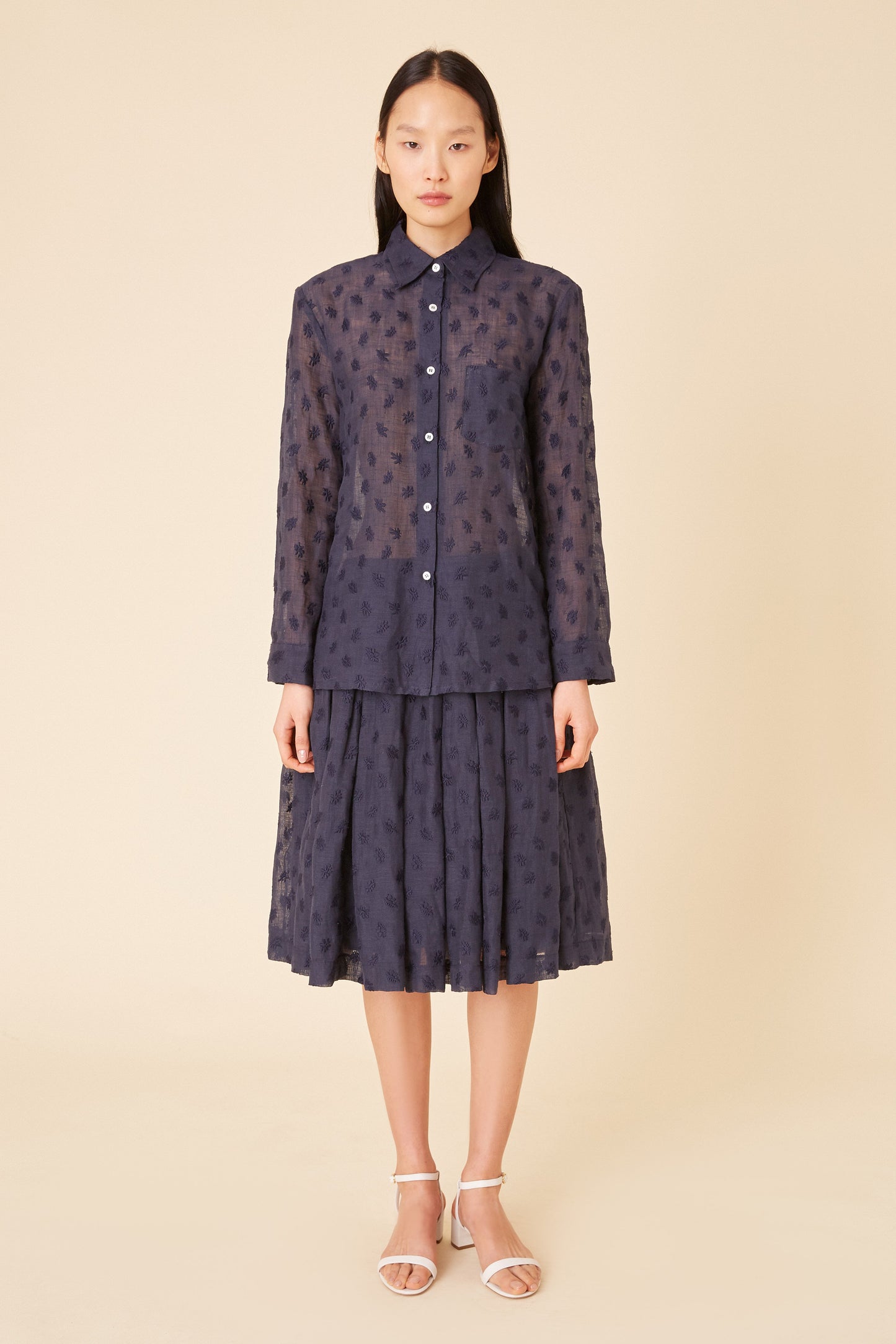 Floral Embroidered Linen Pleated Skirt - Blu