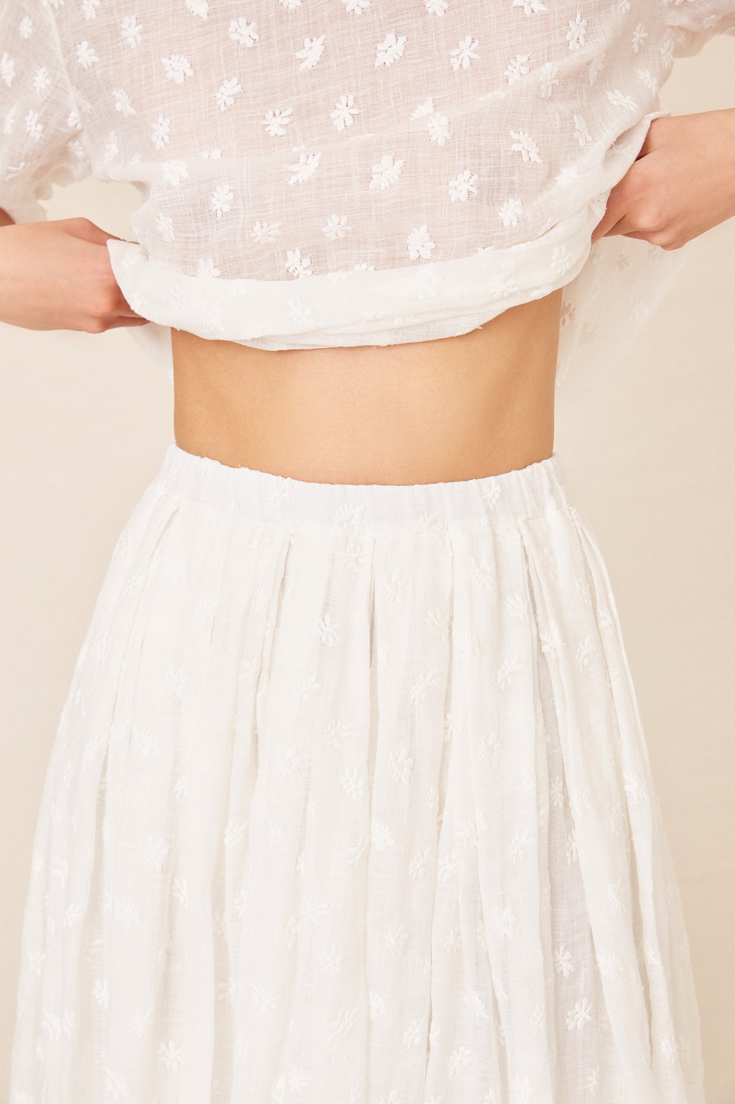 Floral Embroidered Linen Pleated Skirt - White