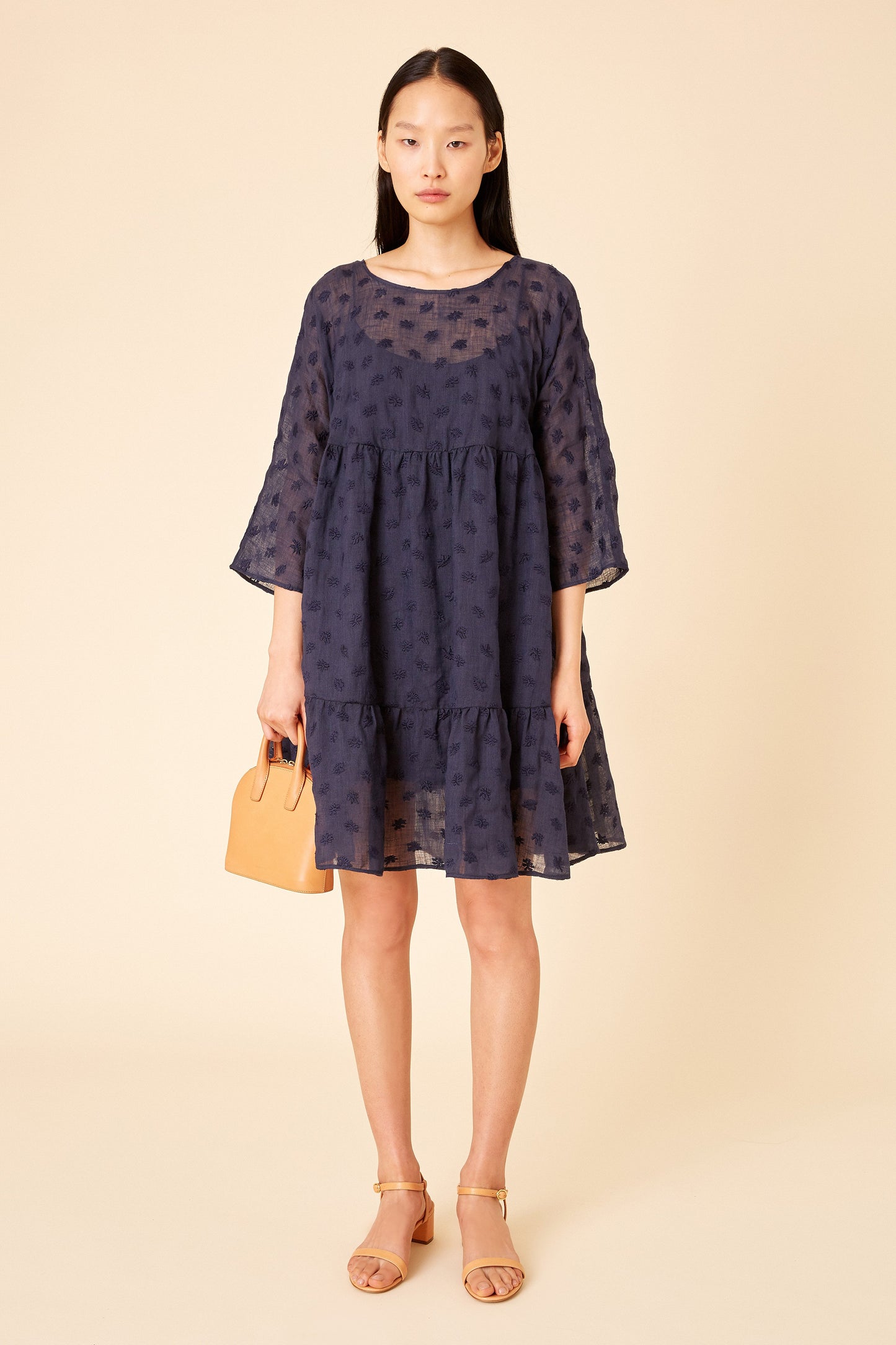 Italian floral embroidered navy linen tiered dress.