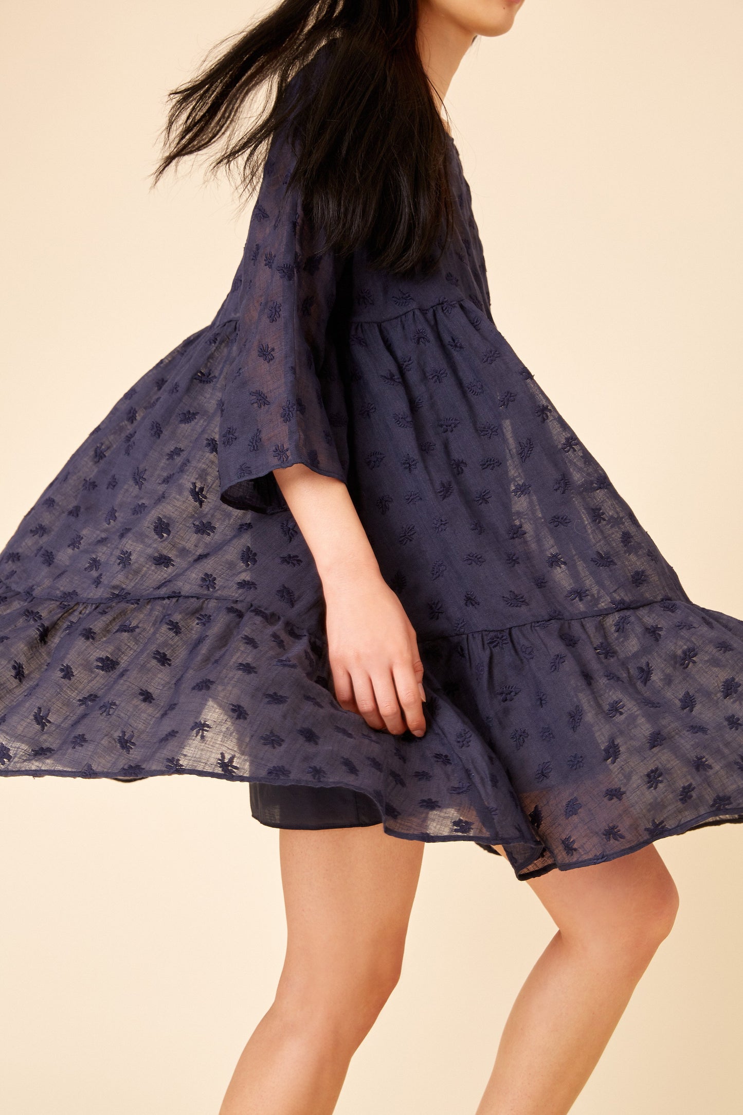 Floral Embroidered Linen Tiered Dress - Blu