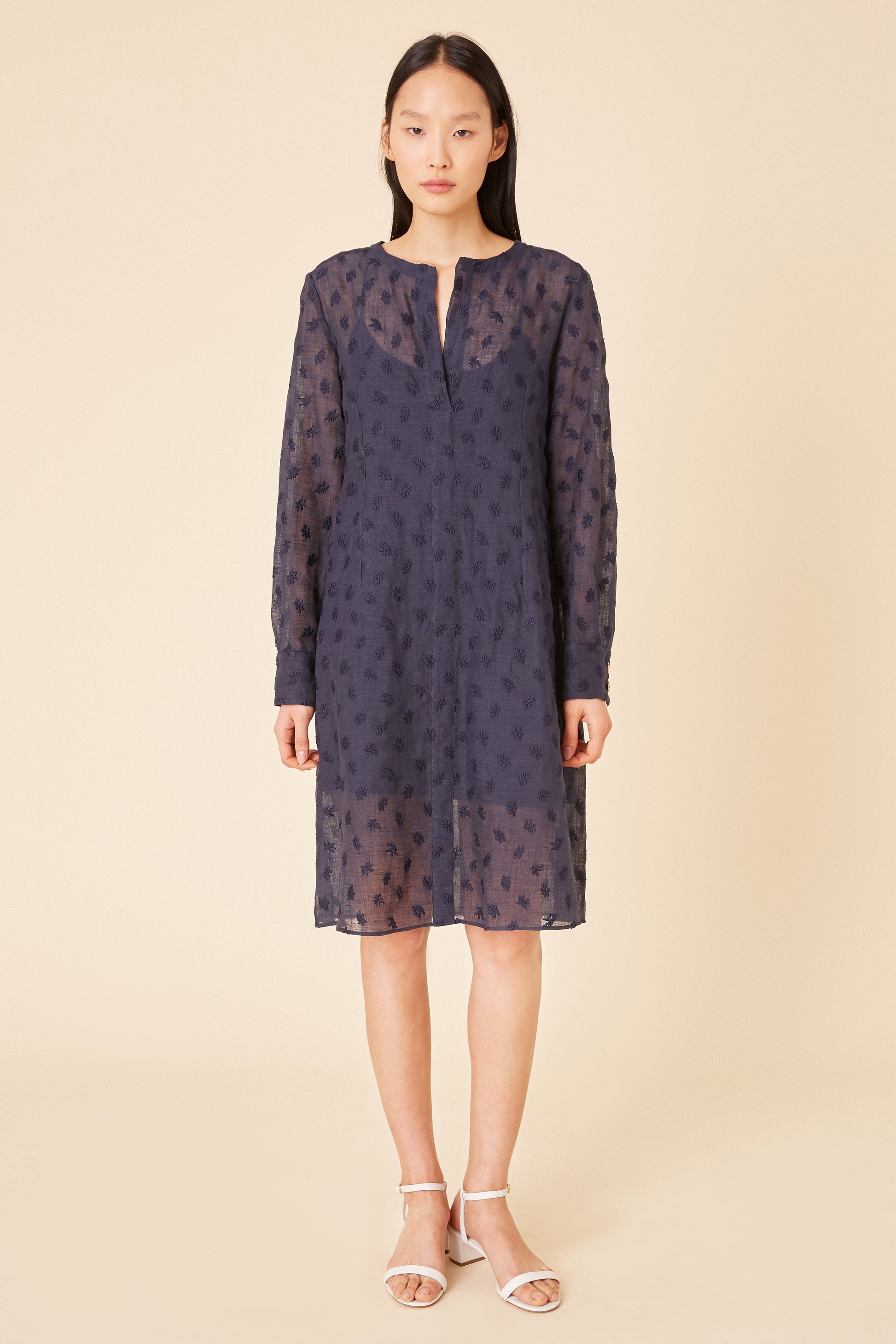 Italian floral embroidered navy linen tunic dress.
