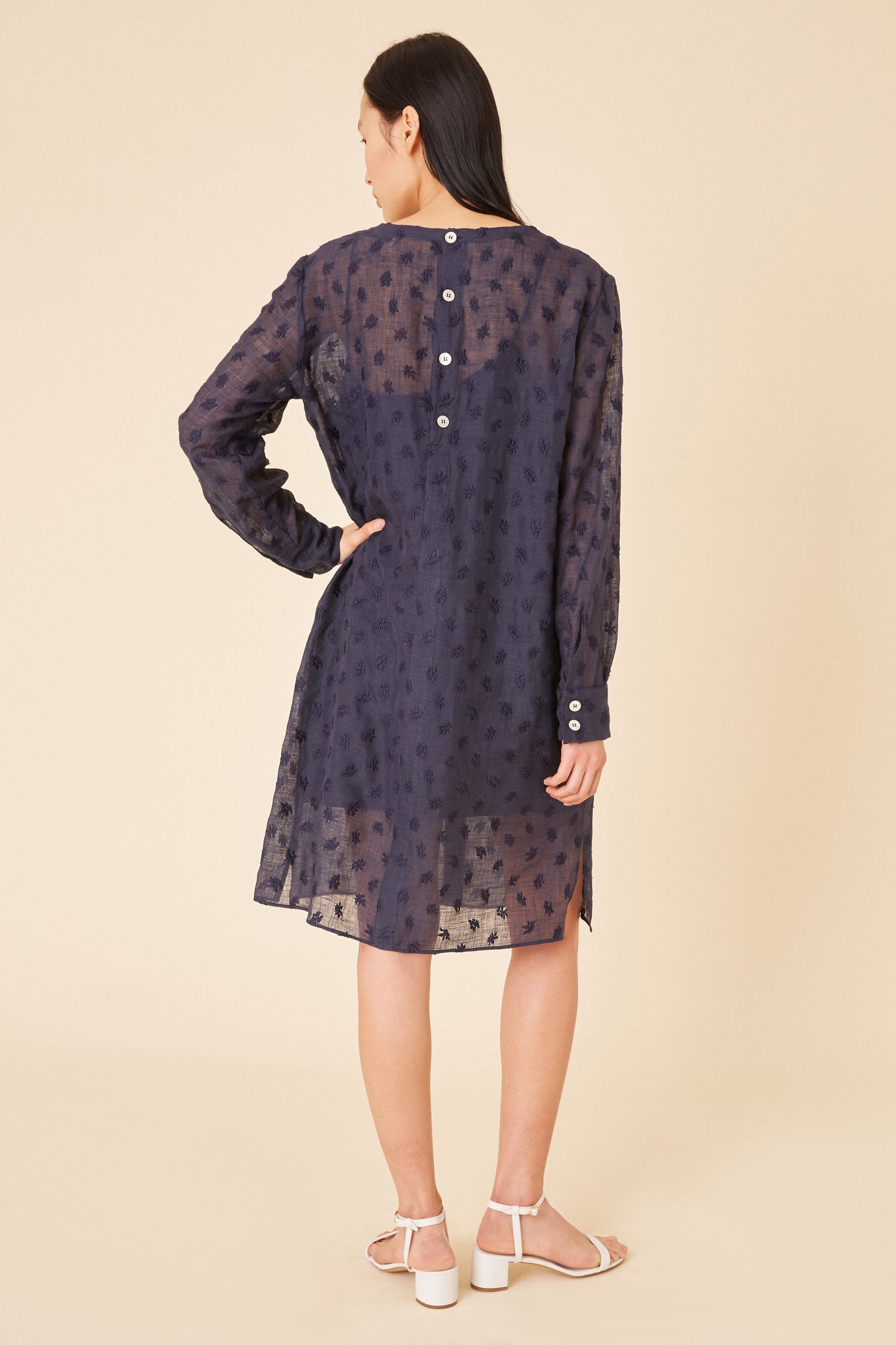 Floral Embroidered Linen Tunic Dress - Blu