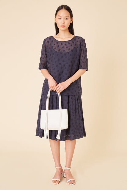 Italian floral embroidered navy linen blouse.