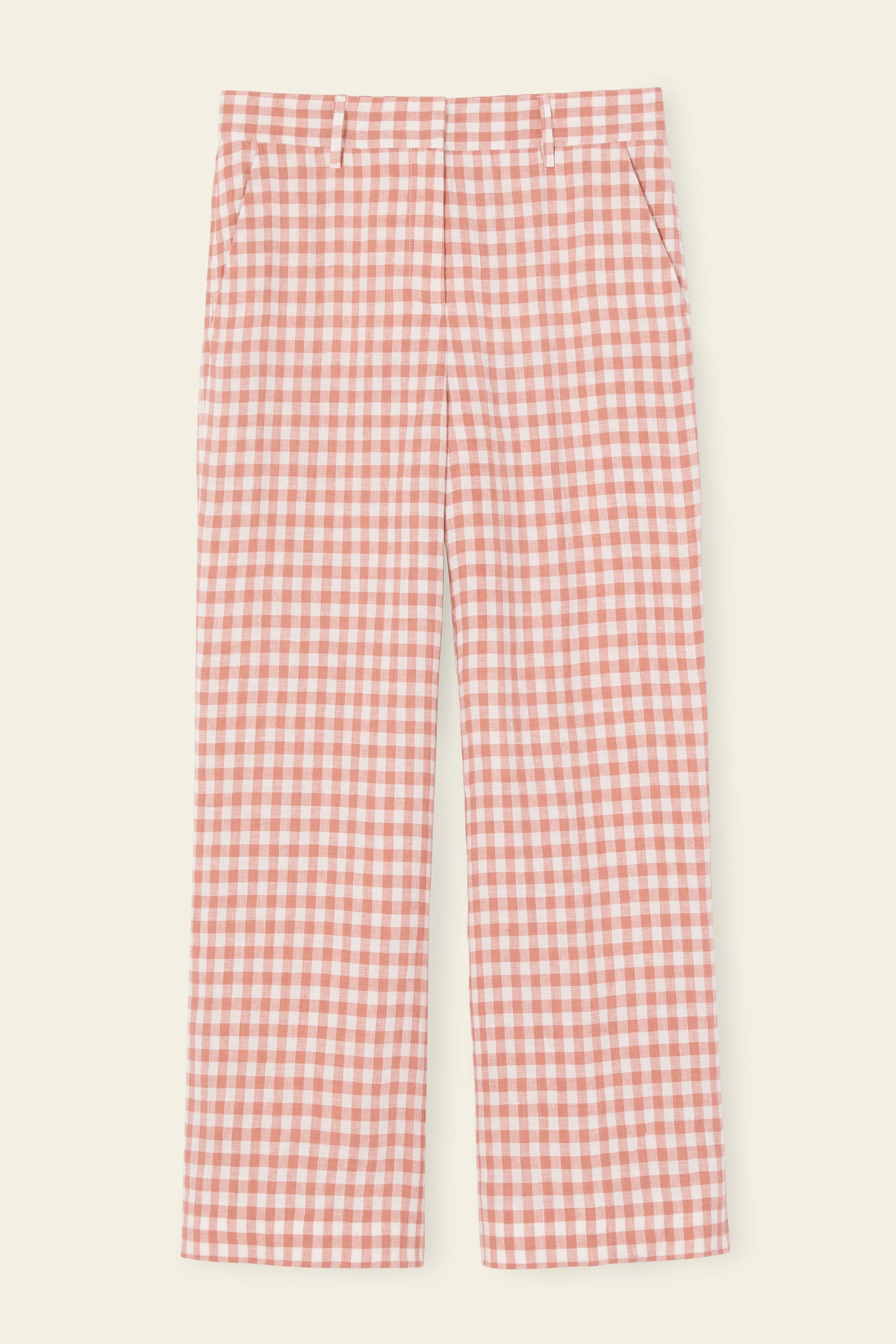Italian linen gingham blush straight pant.