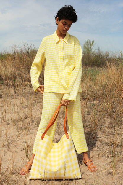 Italian linen gingham yellow straight pant.