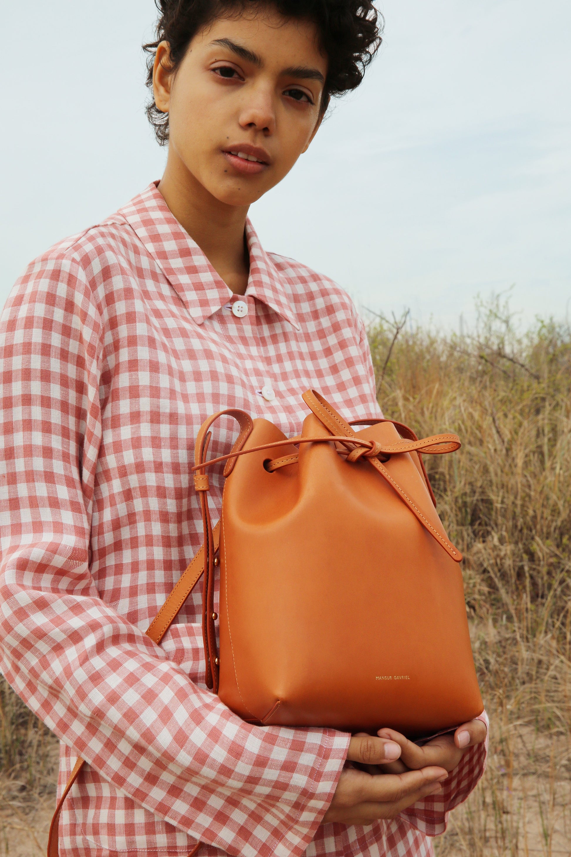 Italian linen gingham blush worker shirt.
