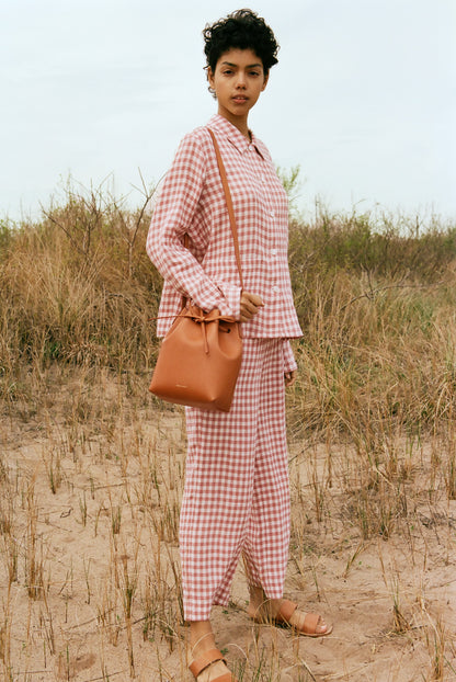 Italian linen gingham blush worker shirt.