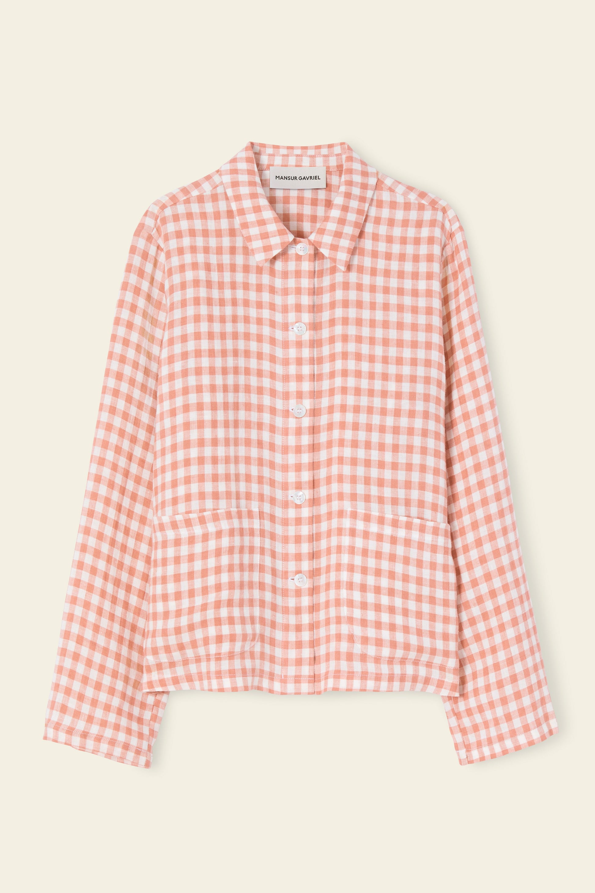 Italian linen gingham blush worker shirt.