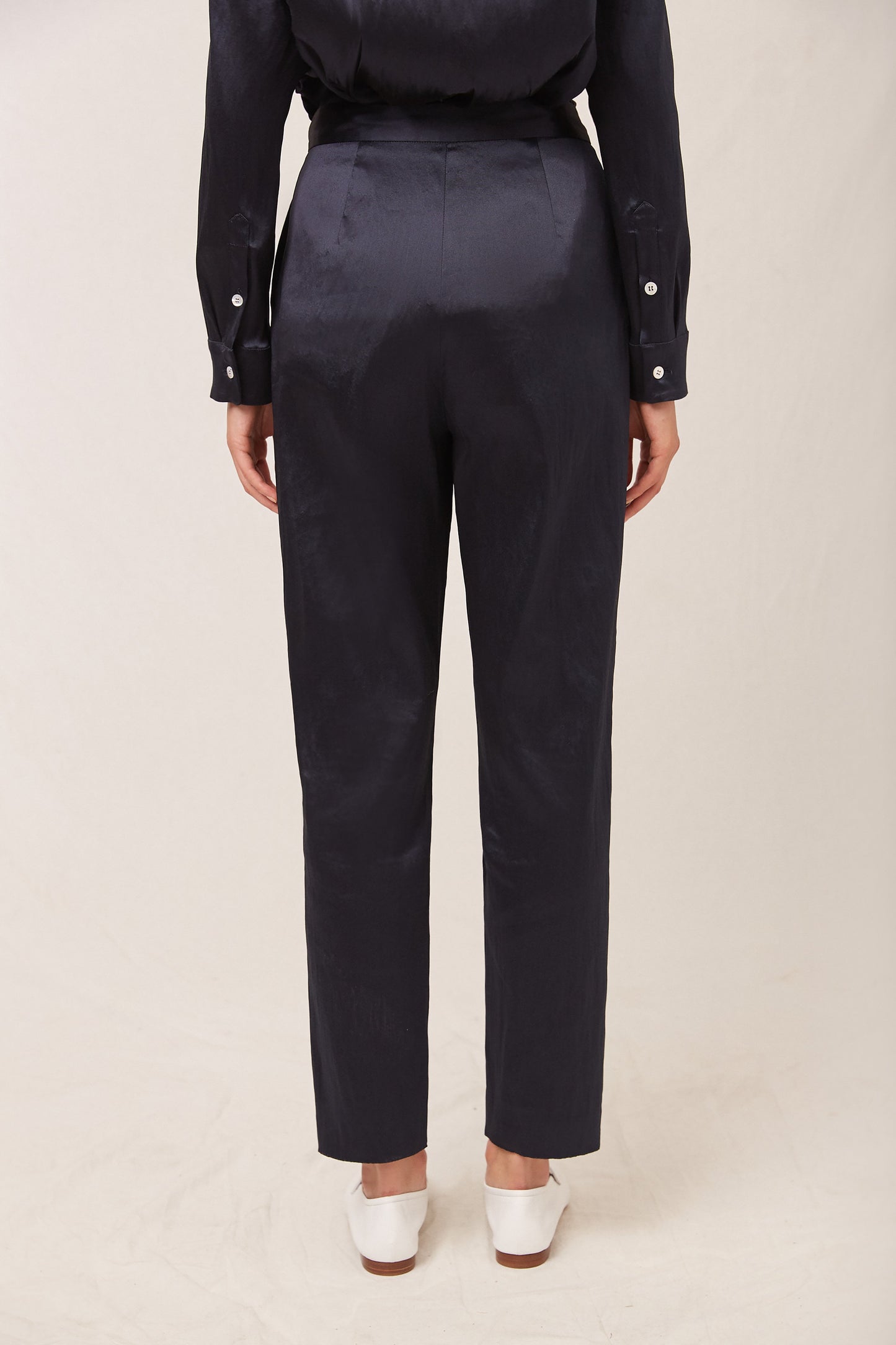 Linen Blend High Waisted Pant - Blu