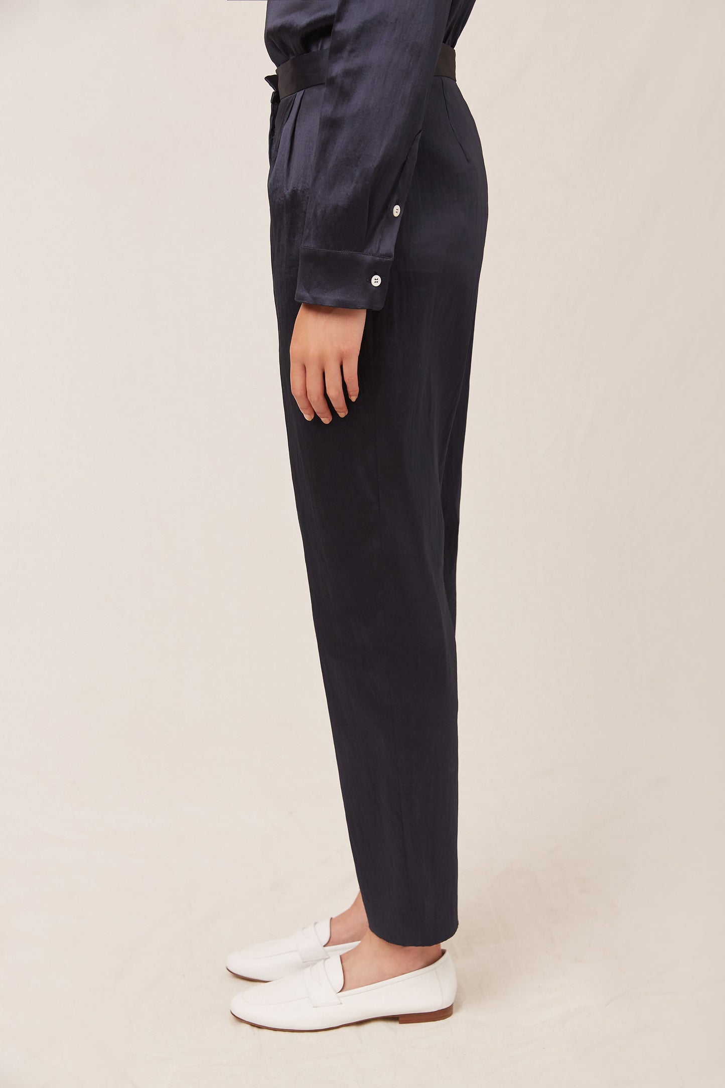 Linen Blend High Waisted Pant - Blu