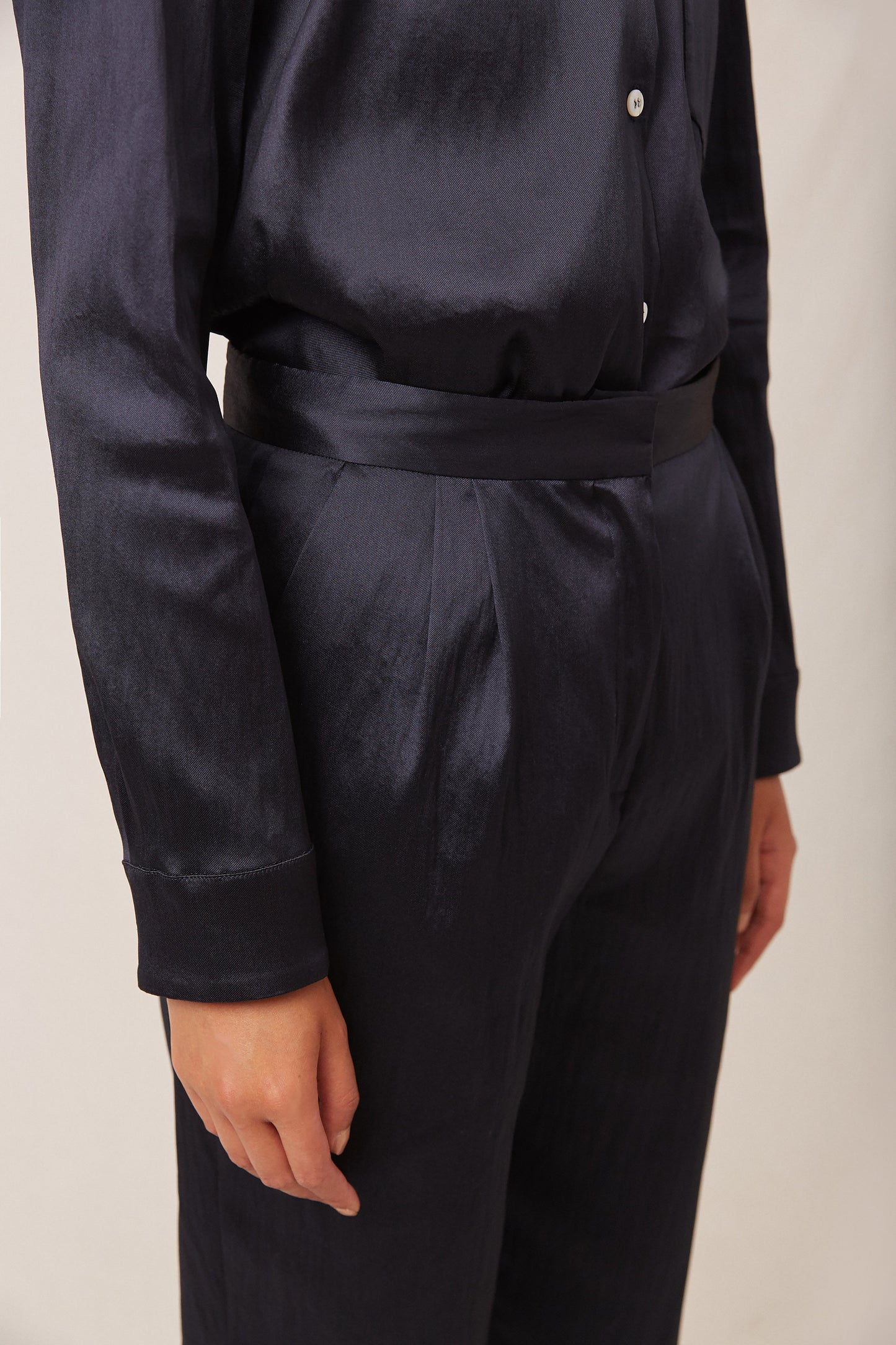 Linen Blend High Waisted Pant - Blu