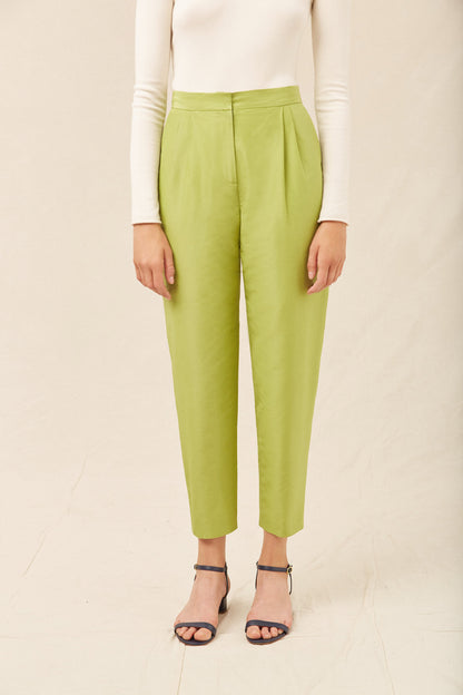 Italian cotton silk taffeta green high waisted pant.