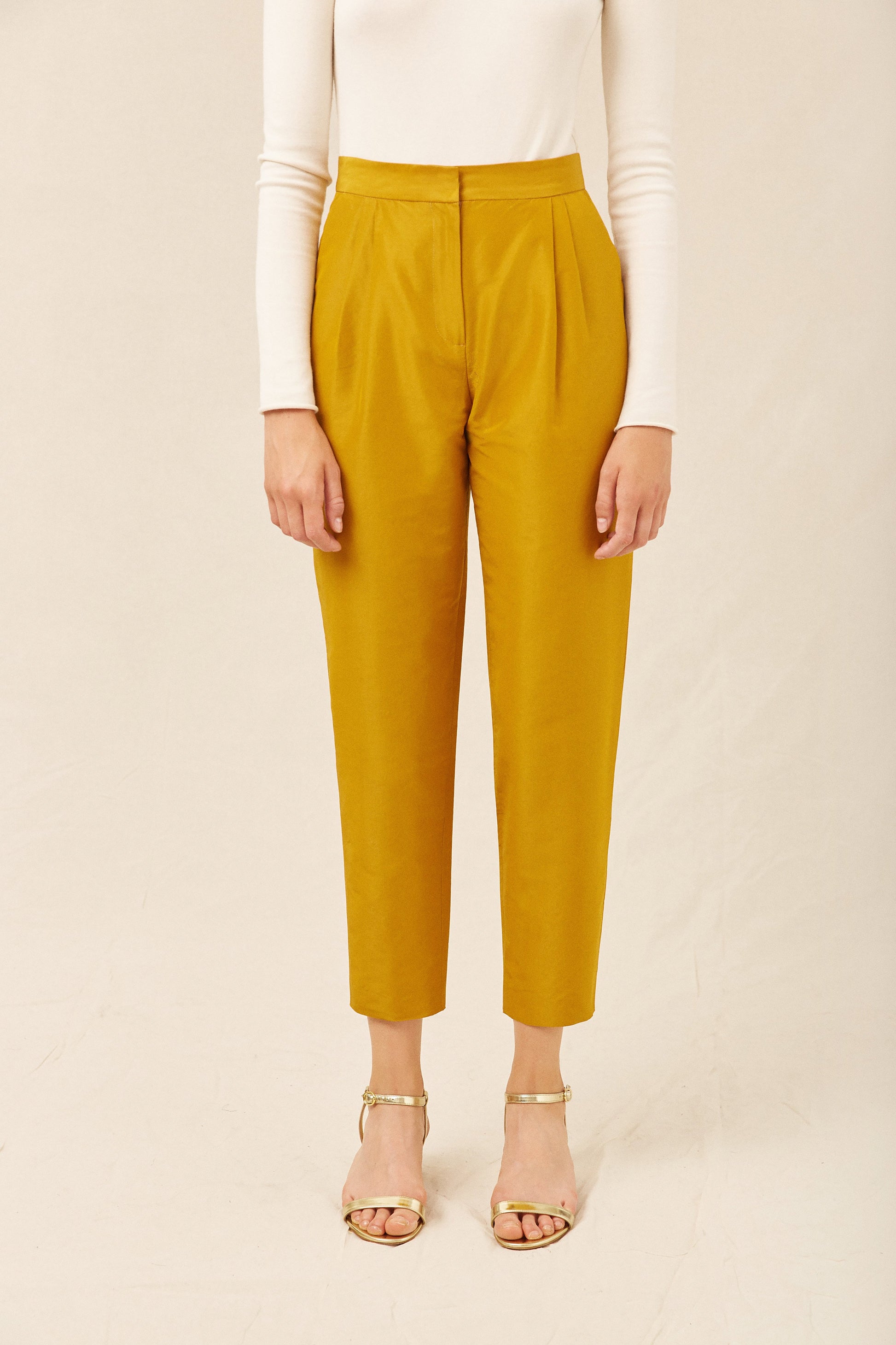 Italian cotton silk taffeta mustard yellow high waisted pant.