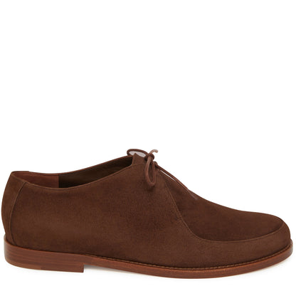 Italian suede leather chocolate lace up oxford with calf leather insole.