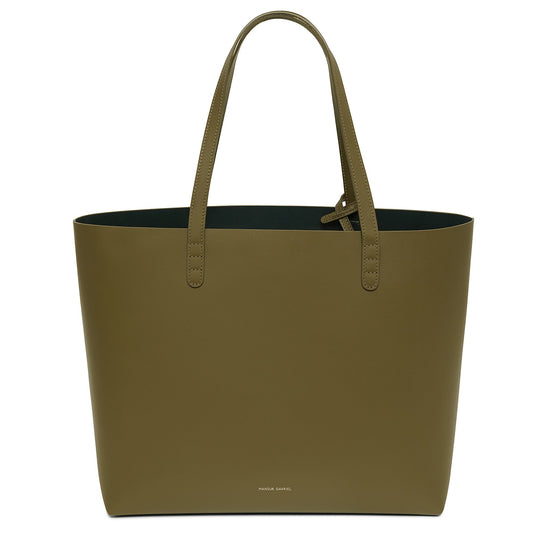 Italian calf leather olive tote with olive matte patent interior.