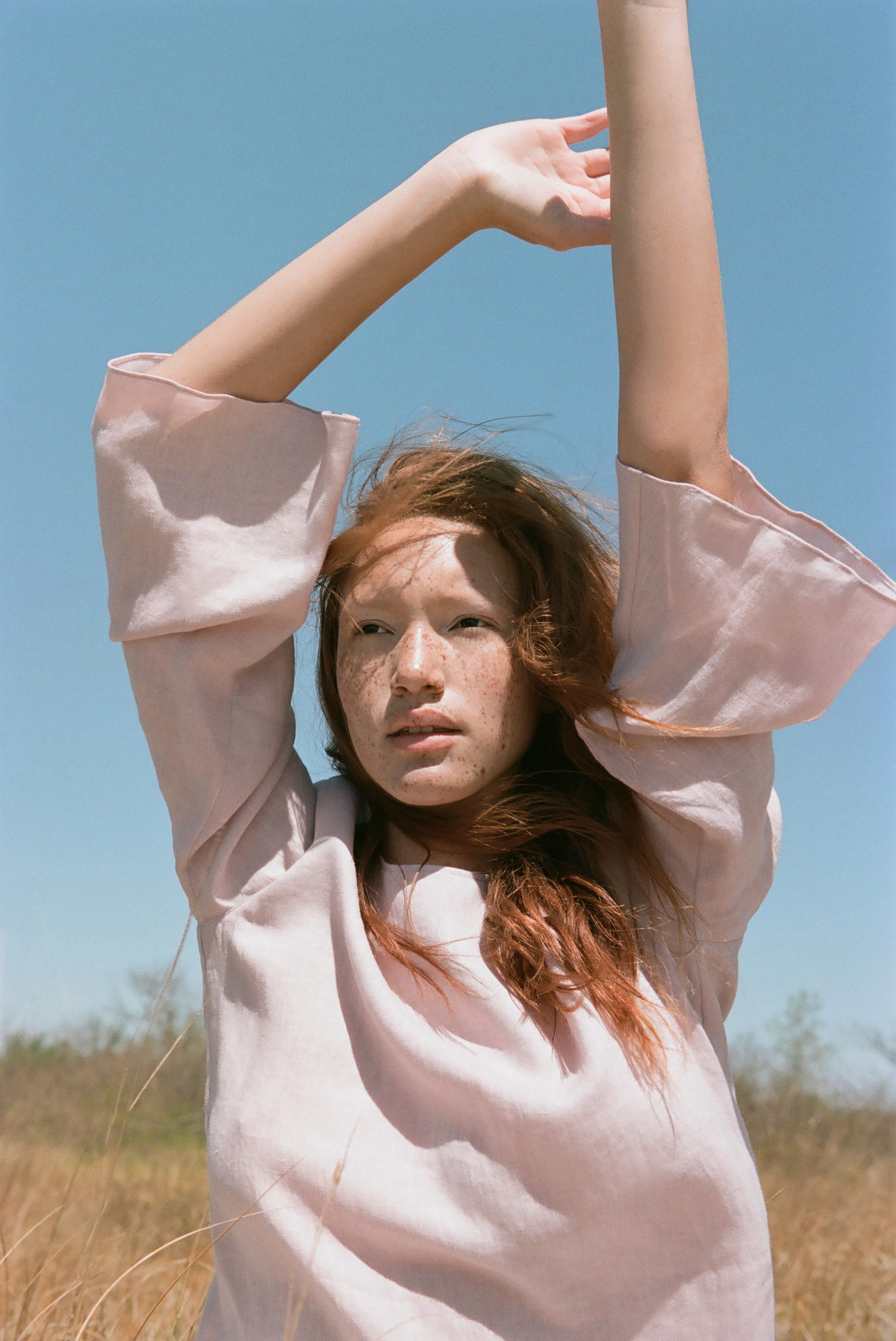 Italian linen blush flared sleeve top.