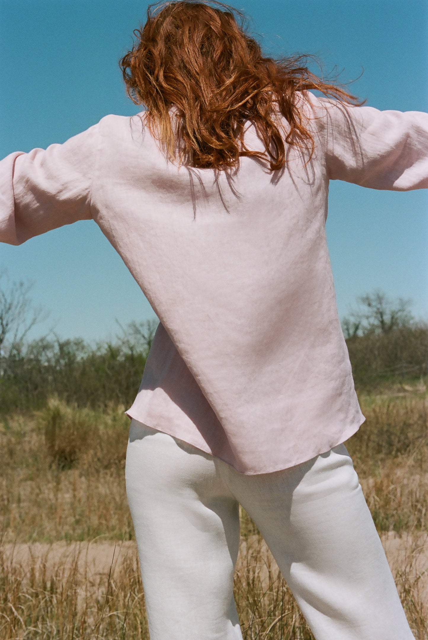 Italian linen blush flared sleeve top.