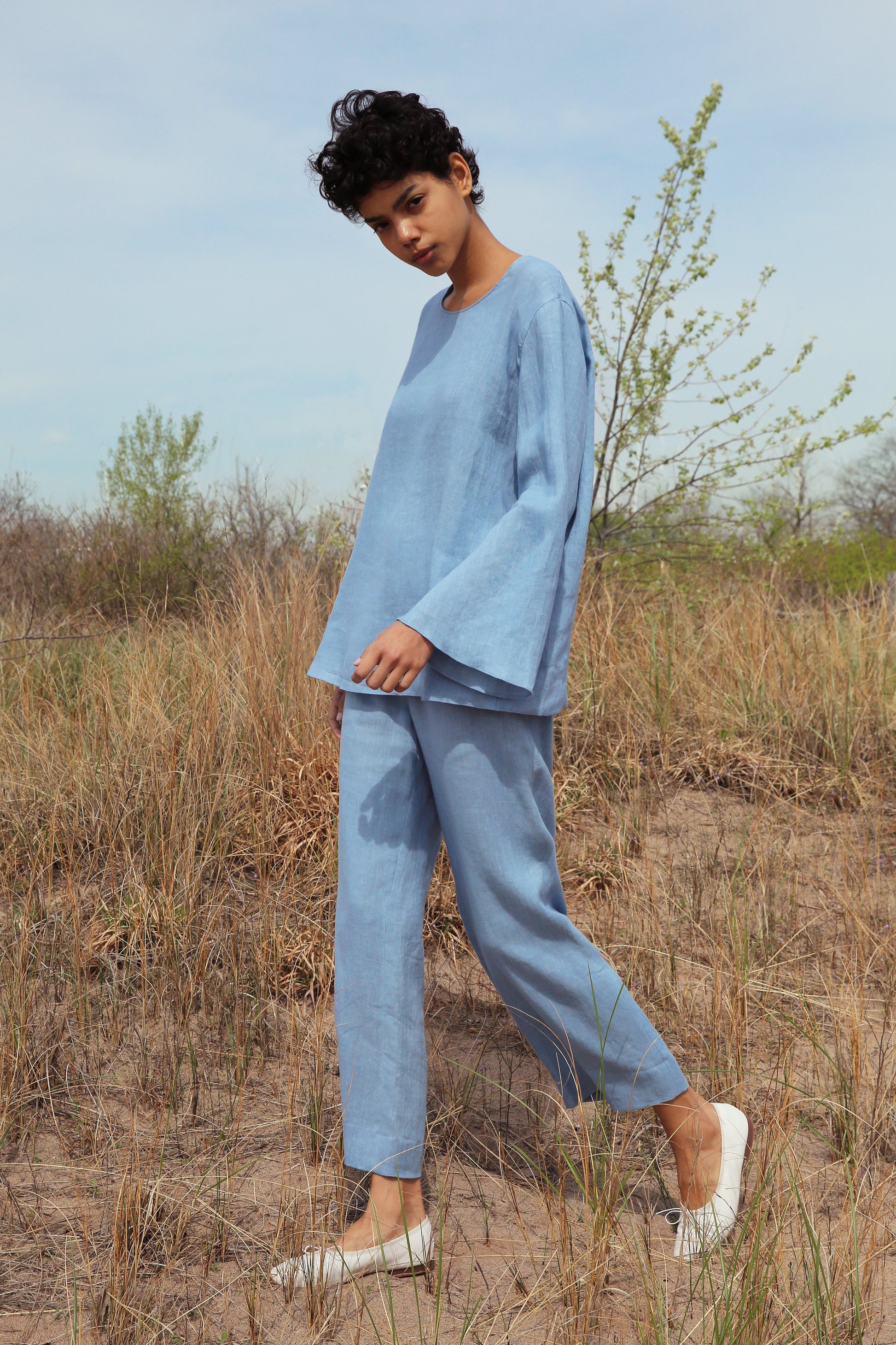 Italian linen sky blue flared sleeve top.