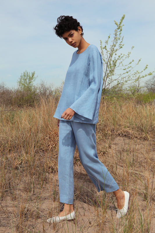 Italian linen sky blue flared sleeve top.