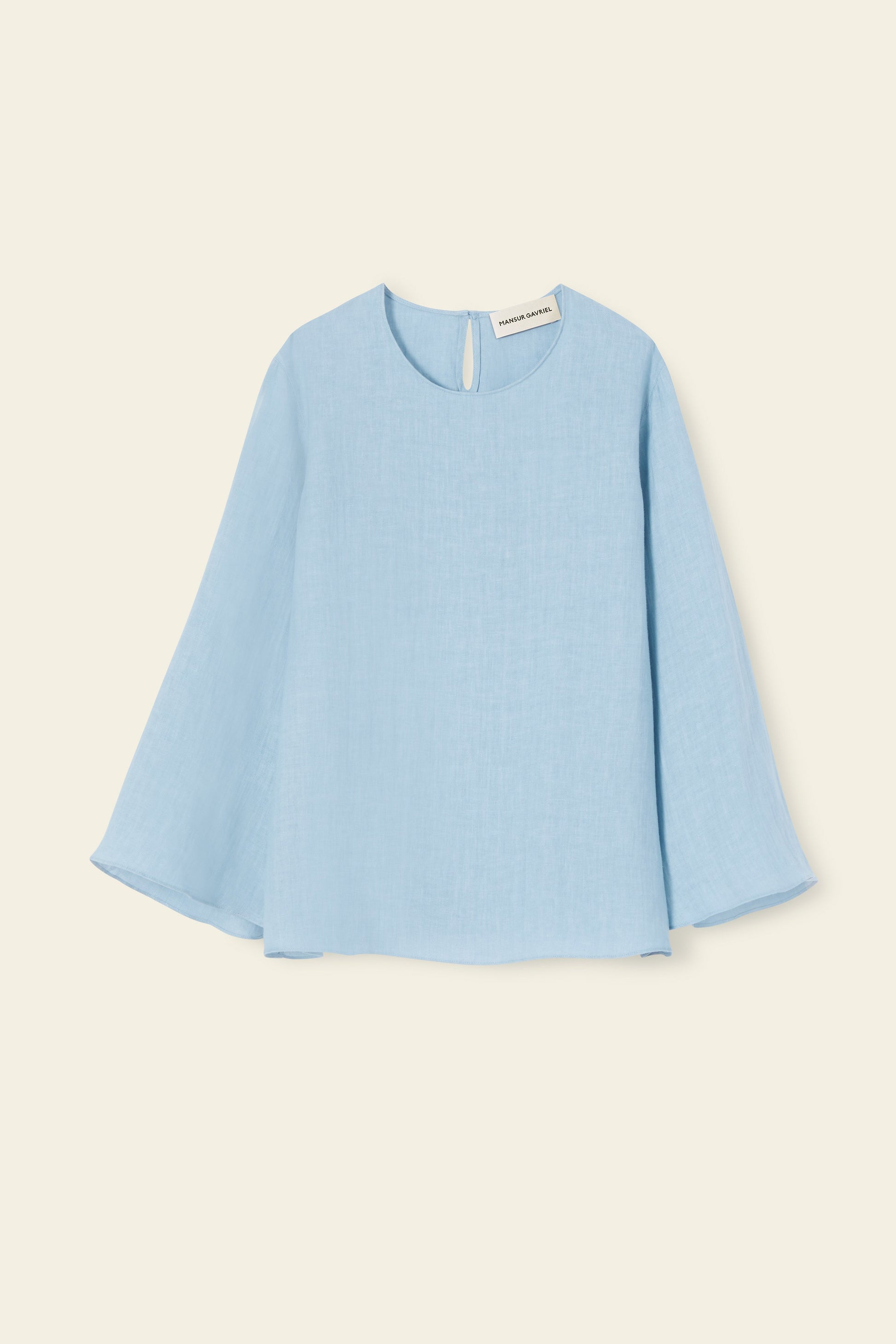 Italian linen sky blue flared sleeve top.