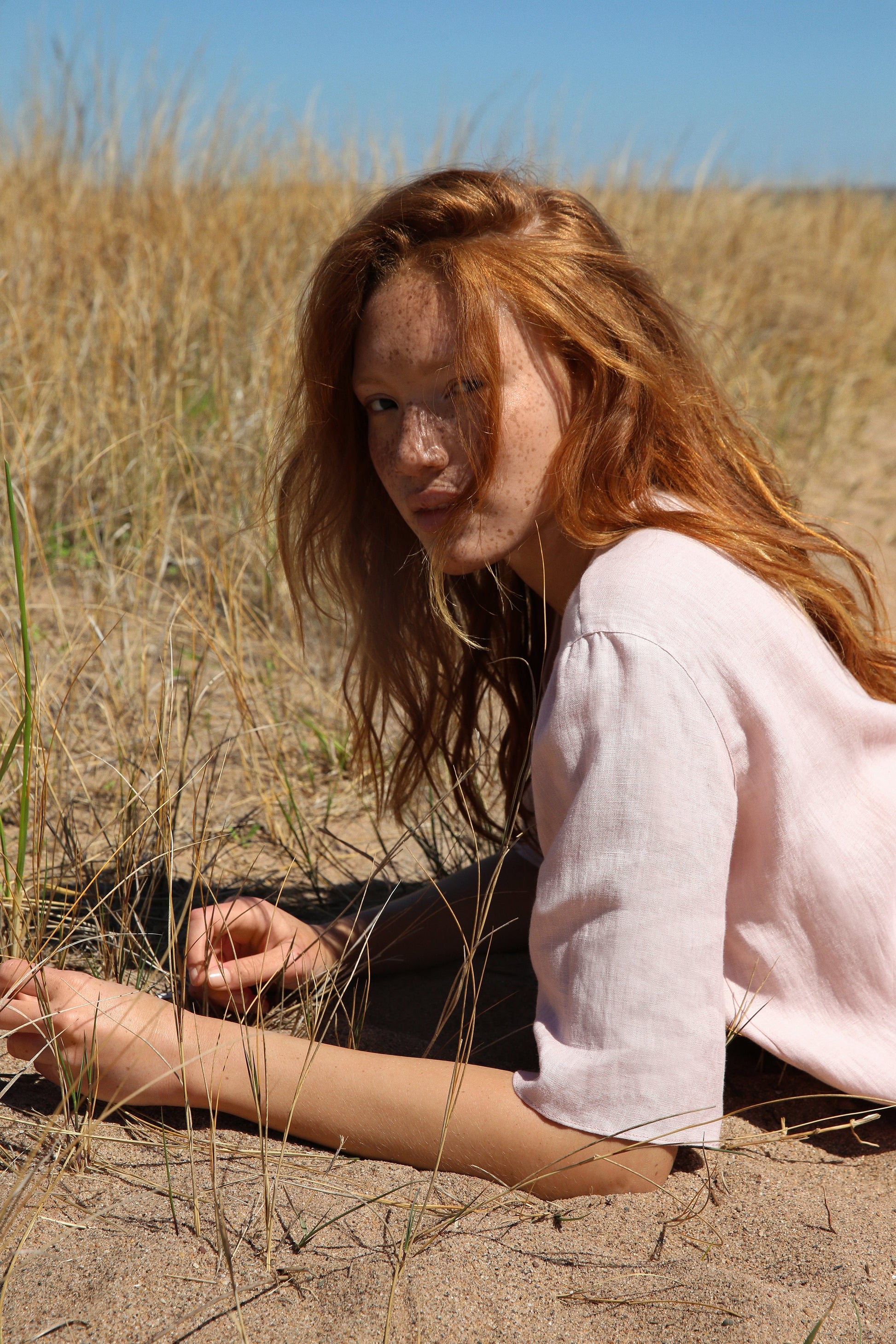 Italian linen blush short sleeve blouse.