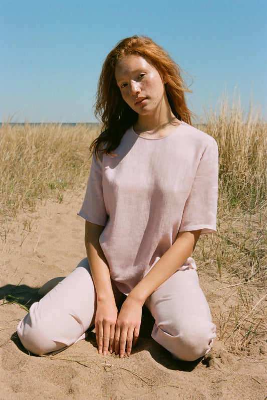 Italian linen blush short sleeve blouse.