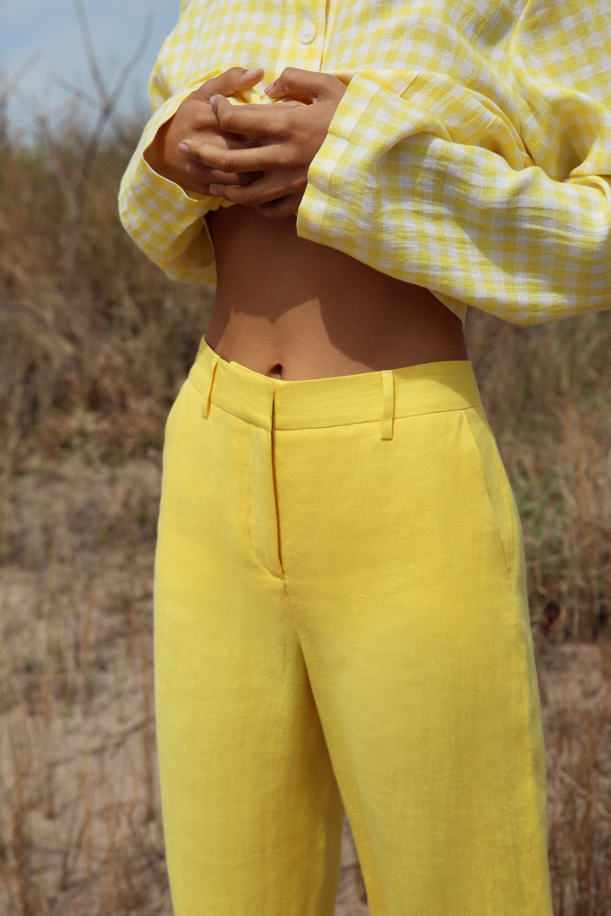 Italian linen yellow straight pant.