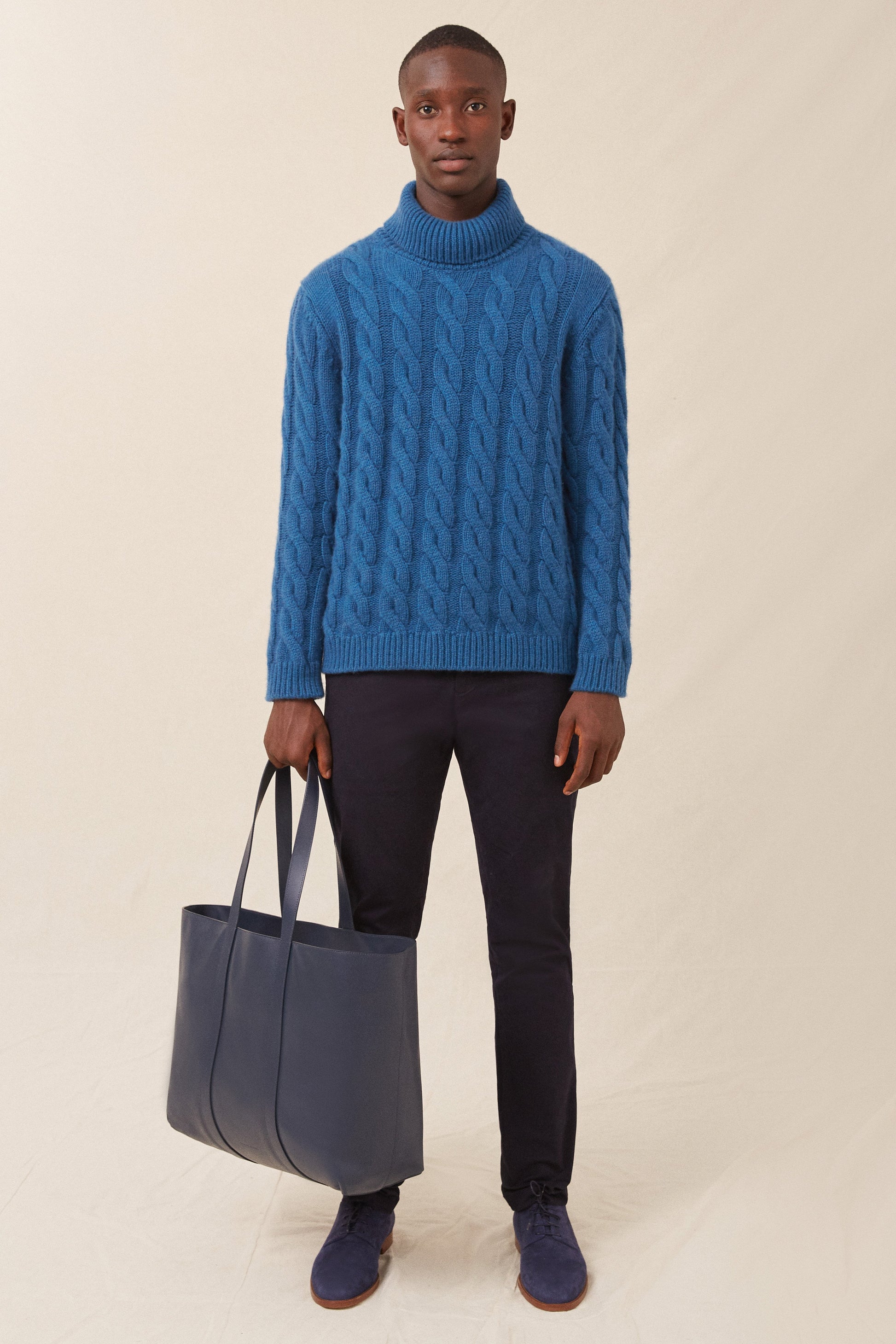 Italian cashmere men's teal cable knit turtleneck sweater.