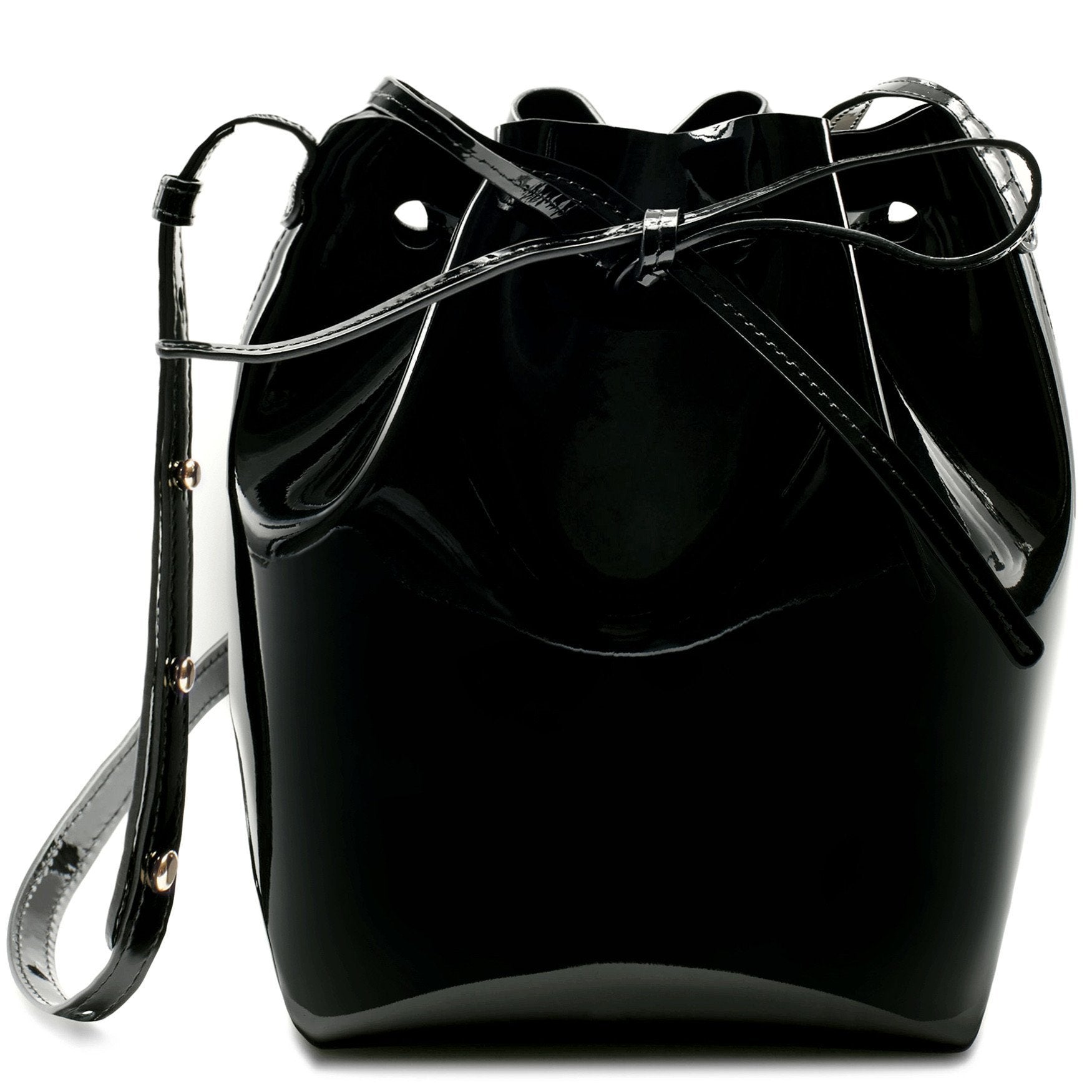 Italian patent leather black mini bucket bag with black matte patent interior.
