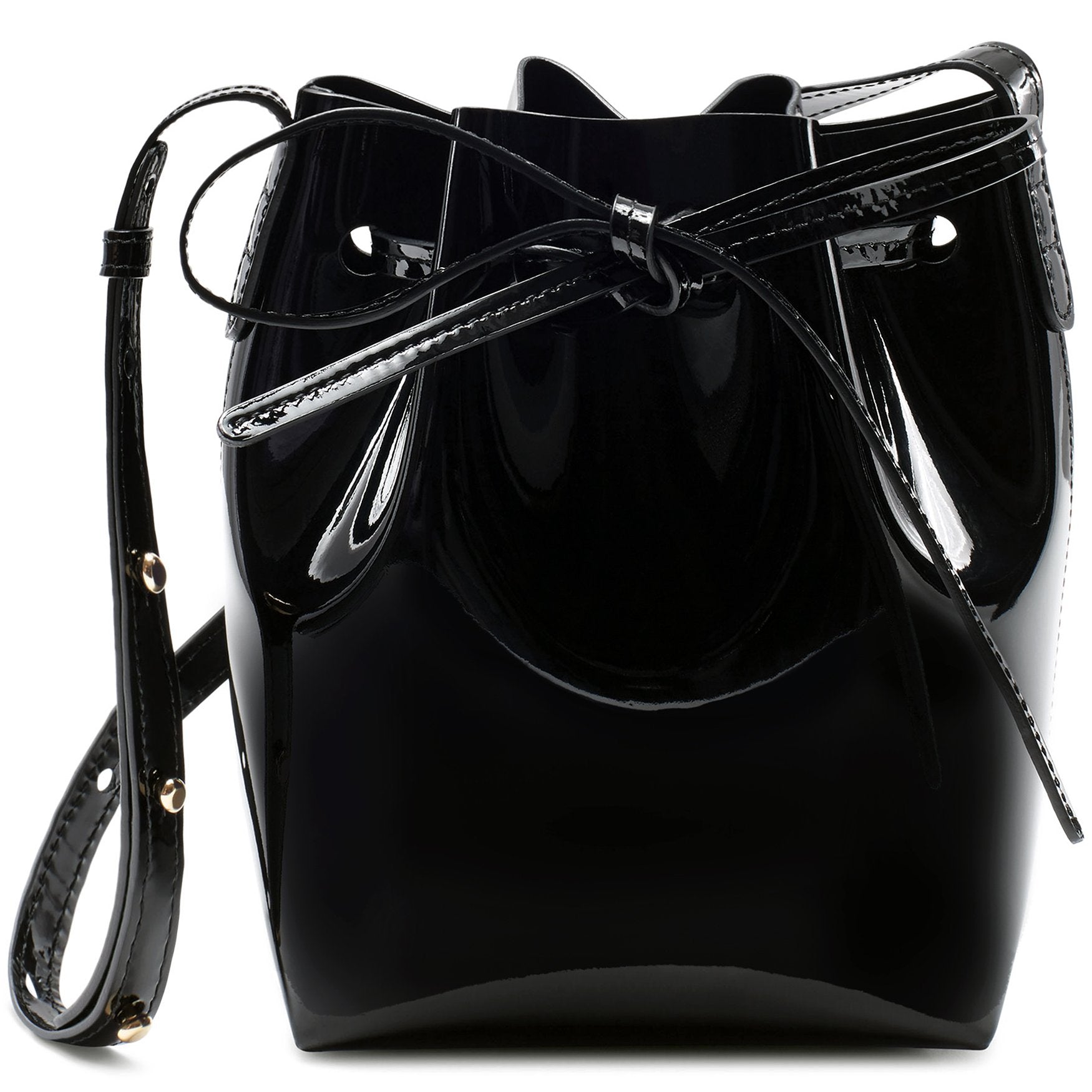 Italian patent leather black mini mini bucket bag with black matte patent interior.