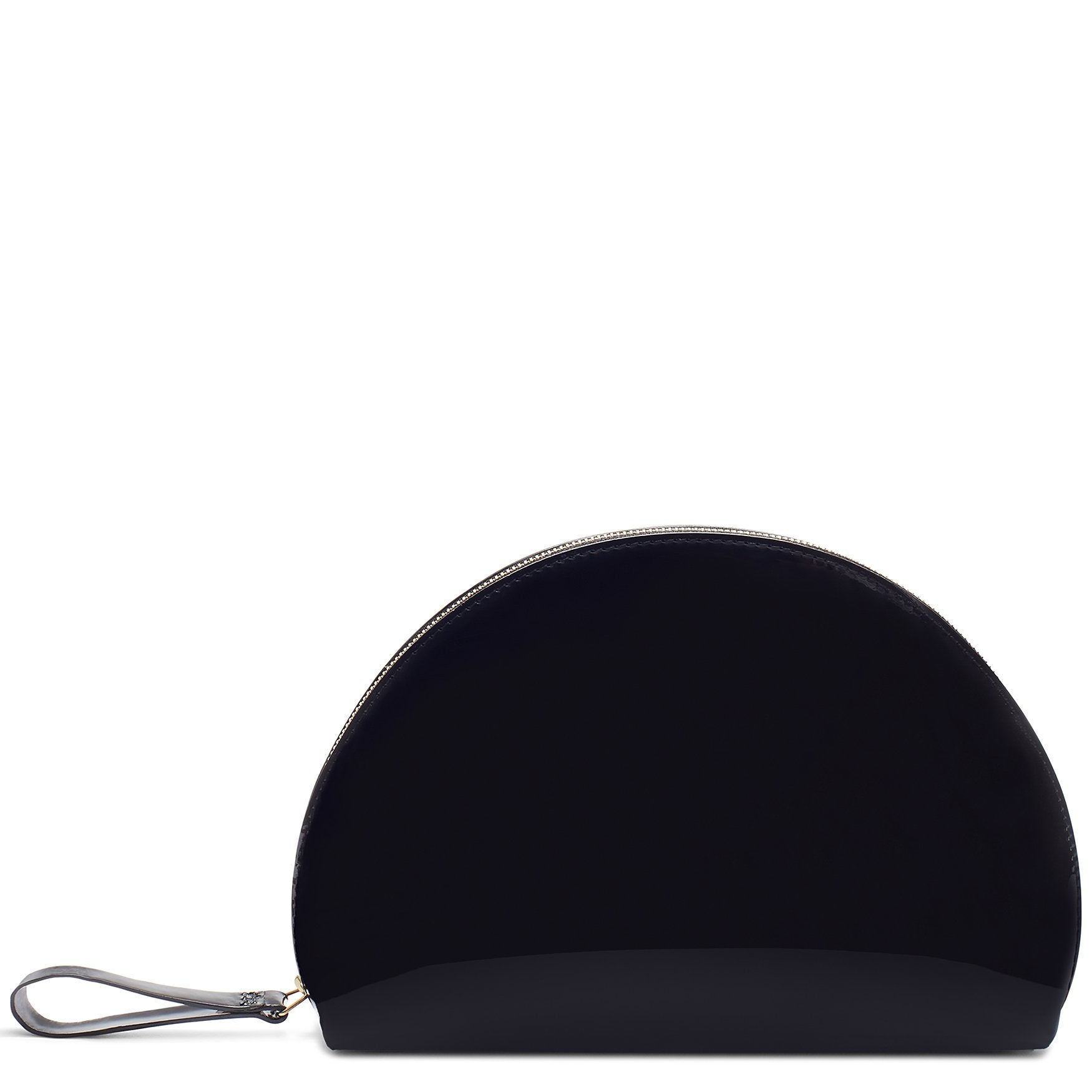 Italian patent leather black mini moon clutch with black suede leather interior.