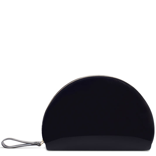 Italian patent leather black mini moon clutch with black suede leather interior.